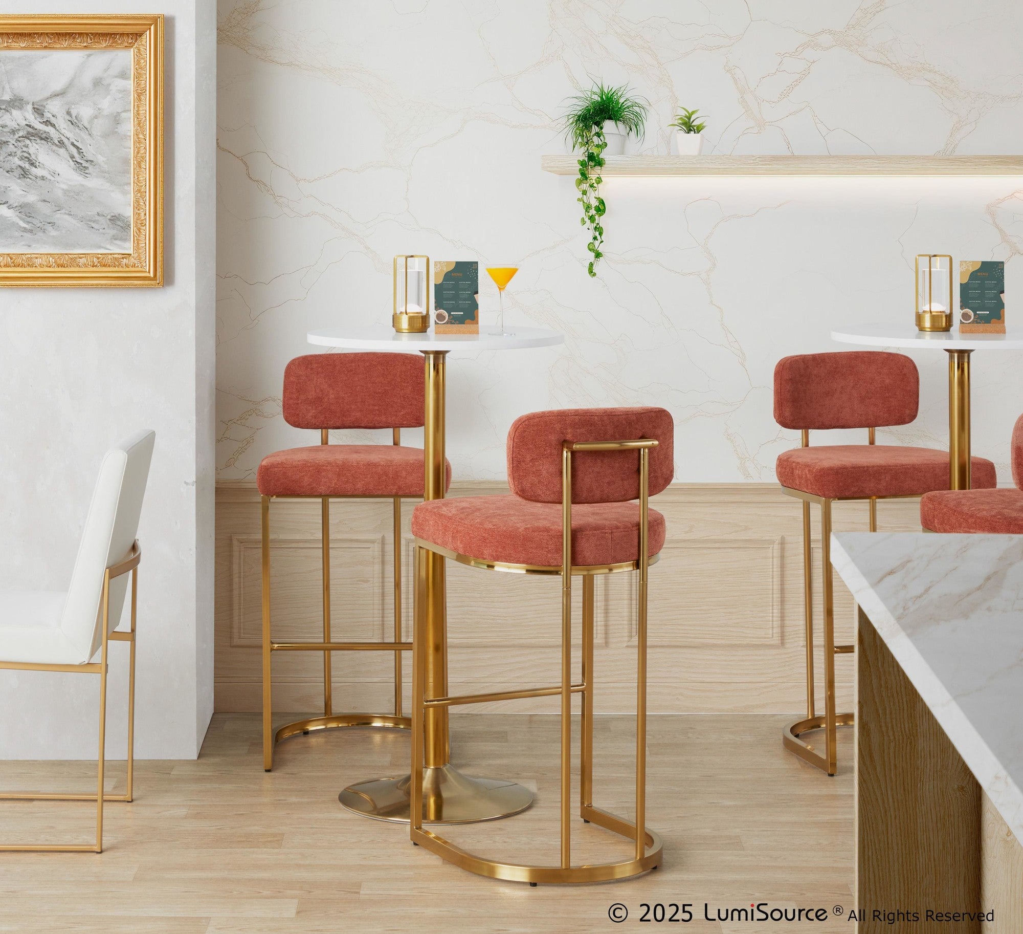 Mid-back Demi 30" Fixed-Height Barstool - Set of 2 - Gold Metal, Salmon Fabric