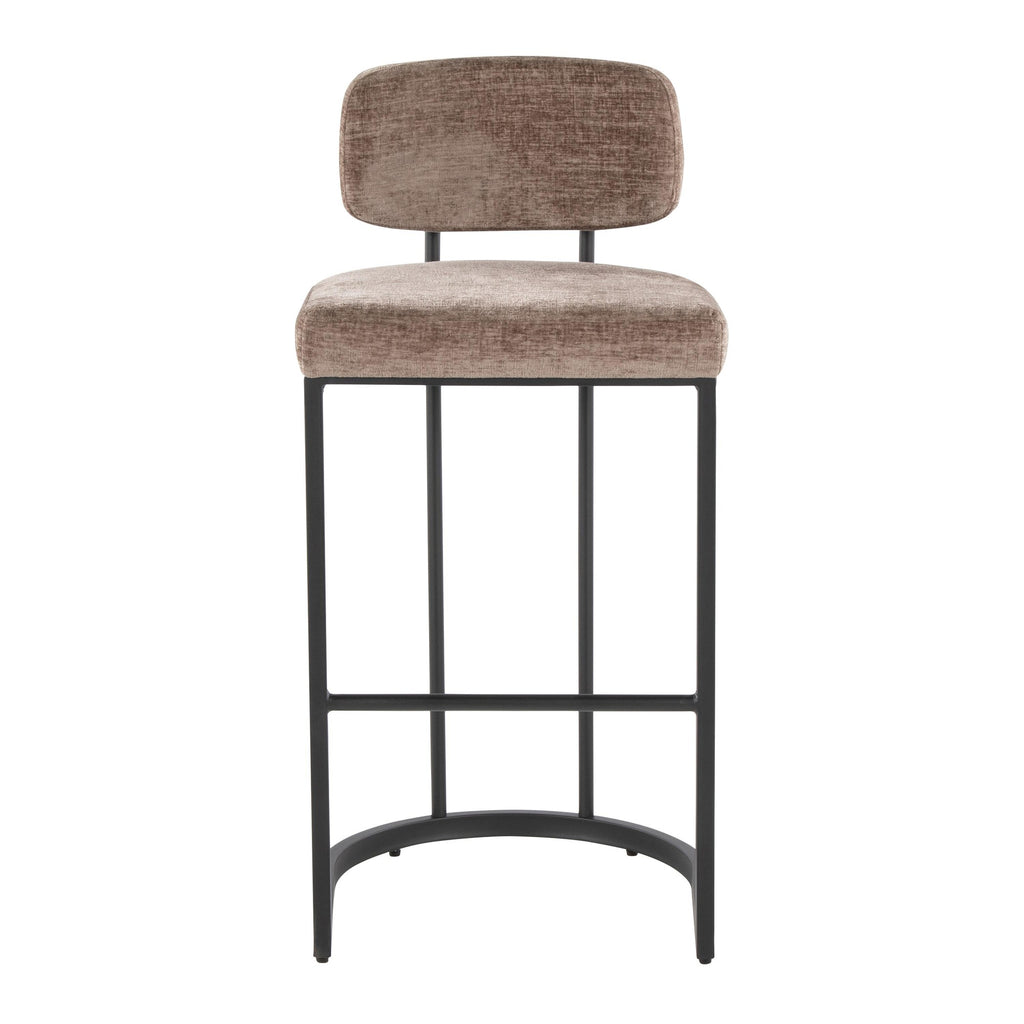 Mid-back Demi 30" Fixed-Height Barstool - Set of 2 - Black Metal, Brown Fabric