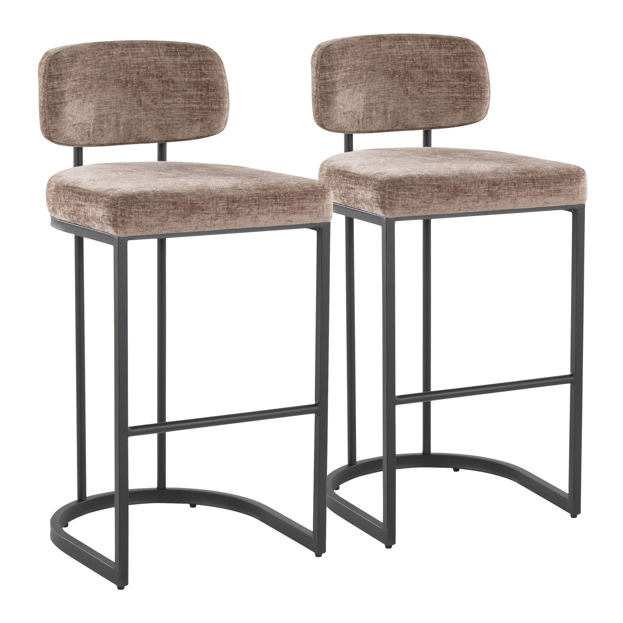 Mid-back Demi 30" Fixed-Height Barstool - Set of 2 - Black Metal, Brown Fabric