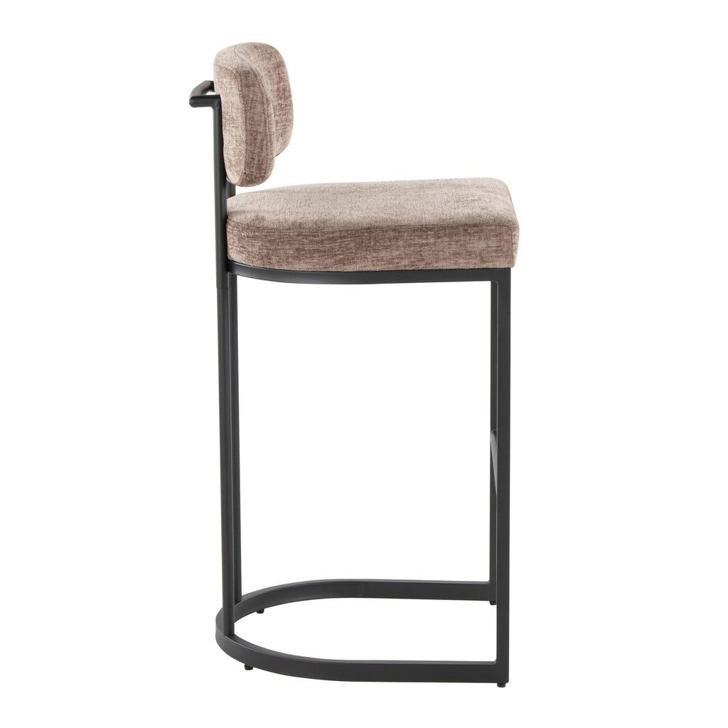 Mid-back Demi 30" Fixed-Height Barstool - Set of 2 - Black Metal, Brown Fabric