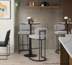 Mid-back Demi 30" Fixed-Height Barstool - Set of 2 - Black Metal, Light Grey Fabric