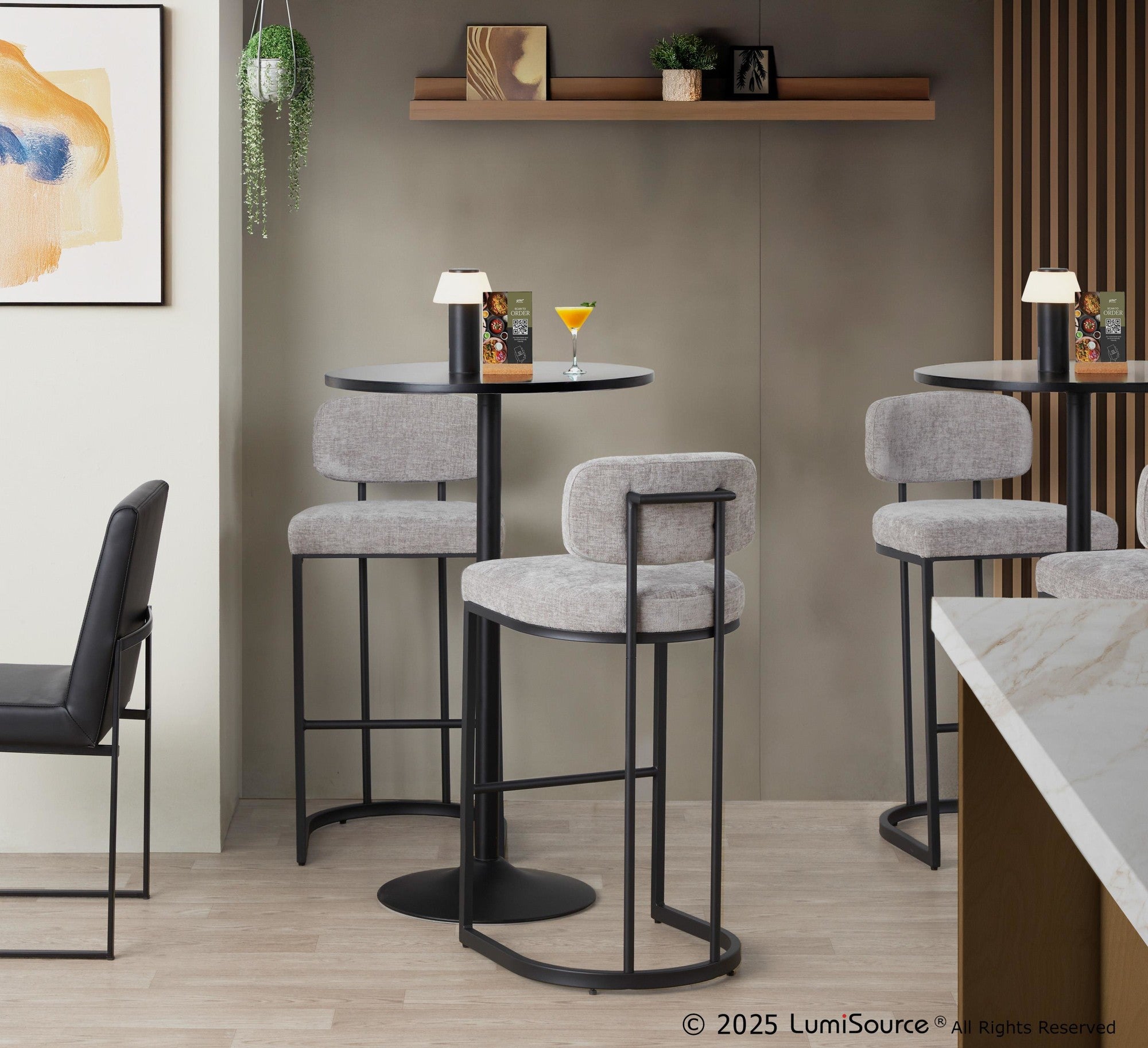 Mid-back Demi 30" Fixed-Height Barstool - Set of 2 - Black Metal, Light Grey Fabric
