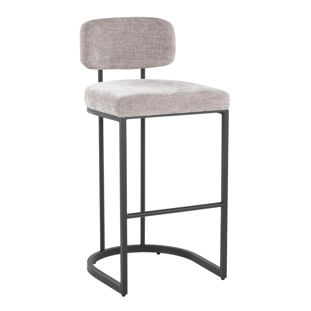 Mid-back Demi 30" Fixed-Height Barstool - Set of 2 - Black Metal, Light Grey Fabric
