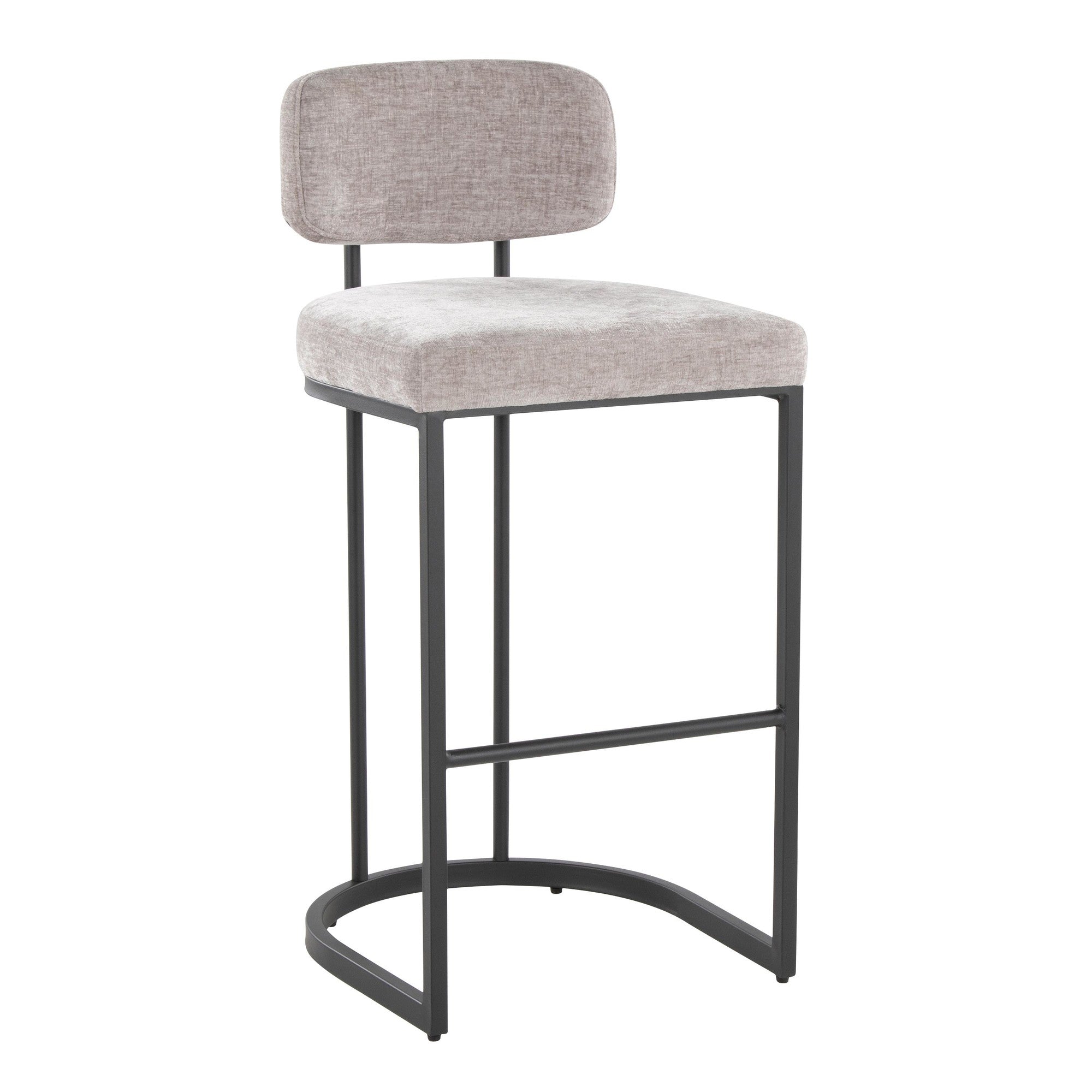 Mid-back Demi 30" Fixed-Height Barstool - Set of 2 - Black Metal, Light Grey Fabric