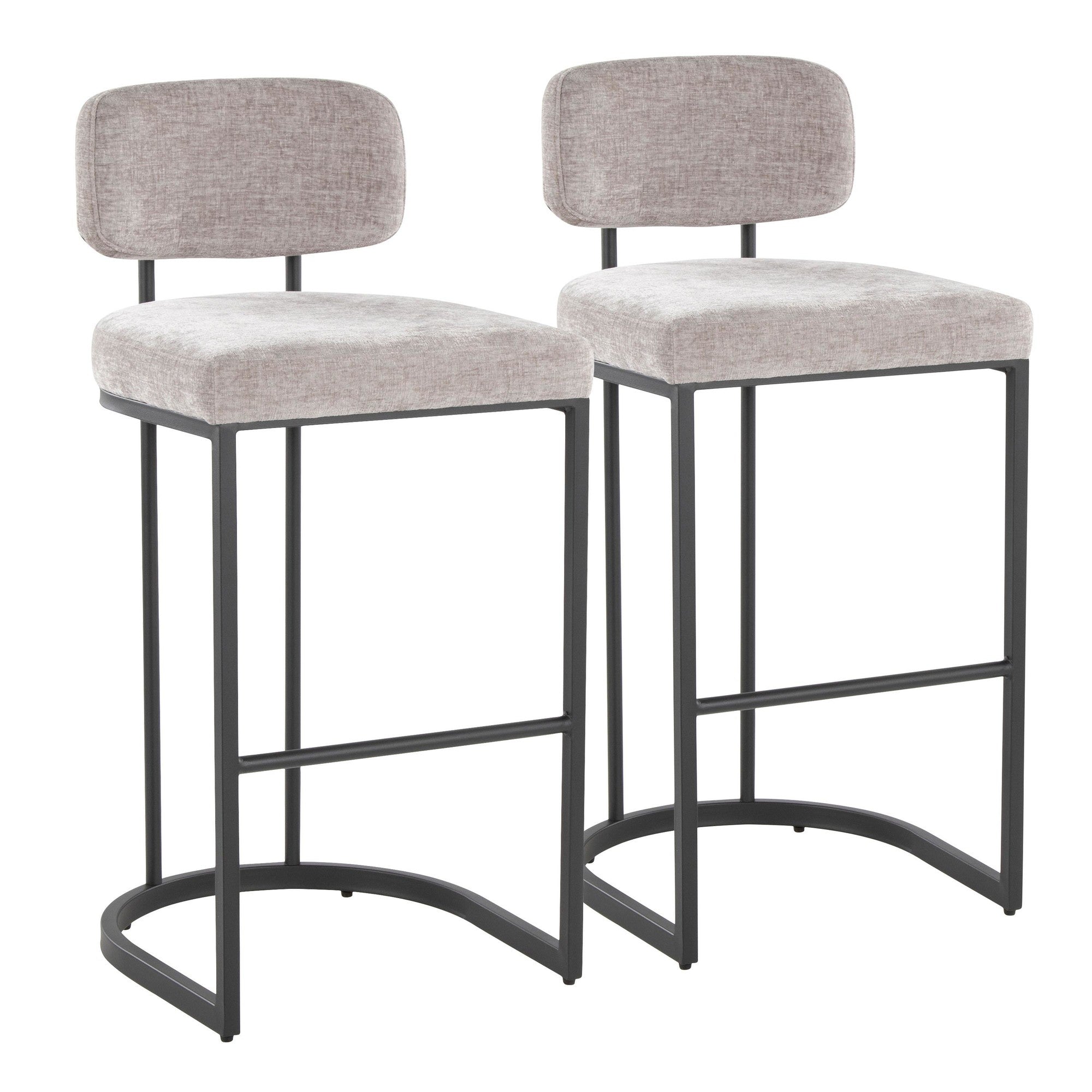 Mid-back Demi 30" Fixed-Height Barstool - Set of 2 - Black Metal, Light Grey Fabric
