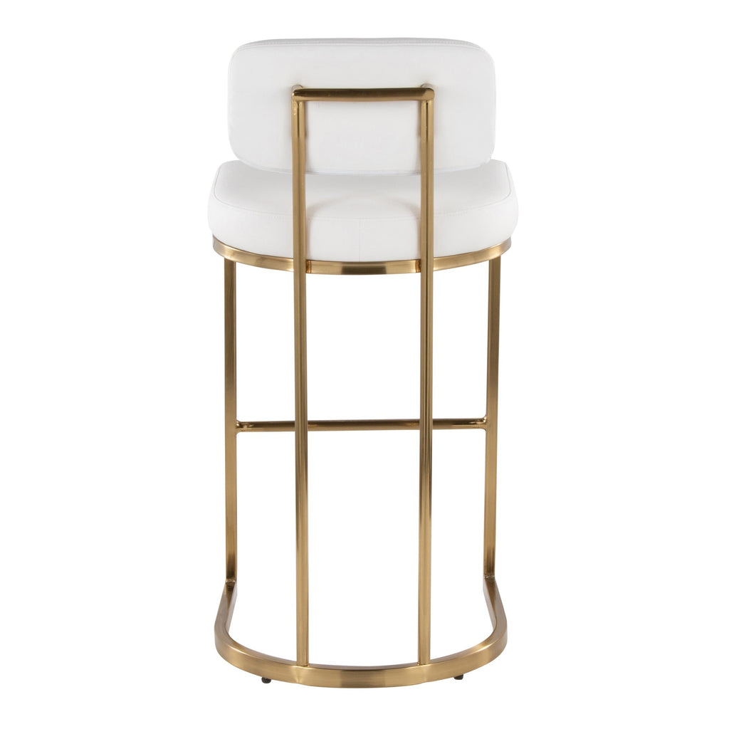 Mid-back Demi 30" Fixed-Height Barstool - Set of 2 - Gold Metal, White PU
