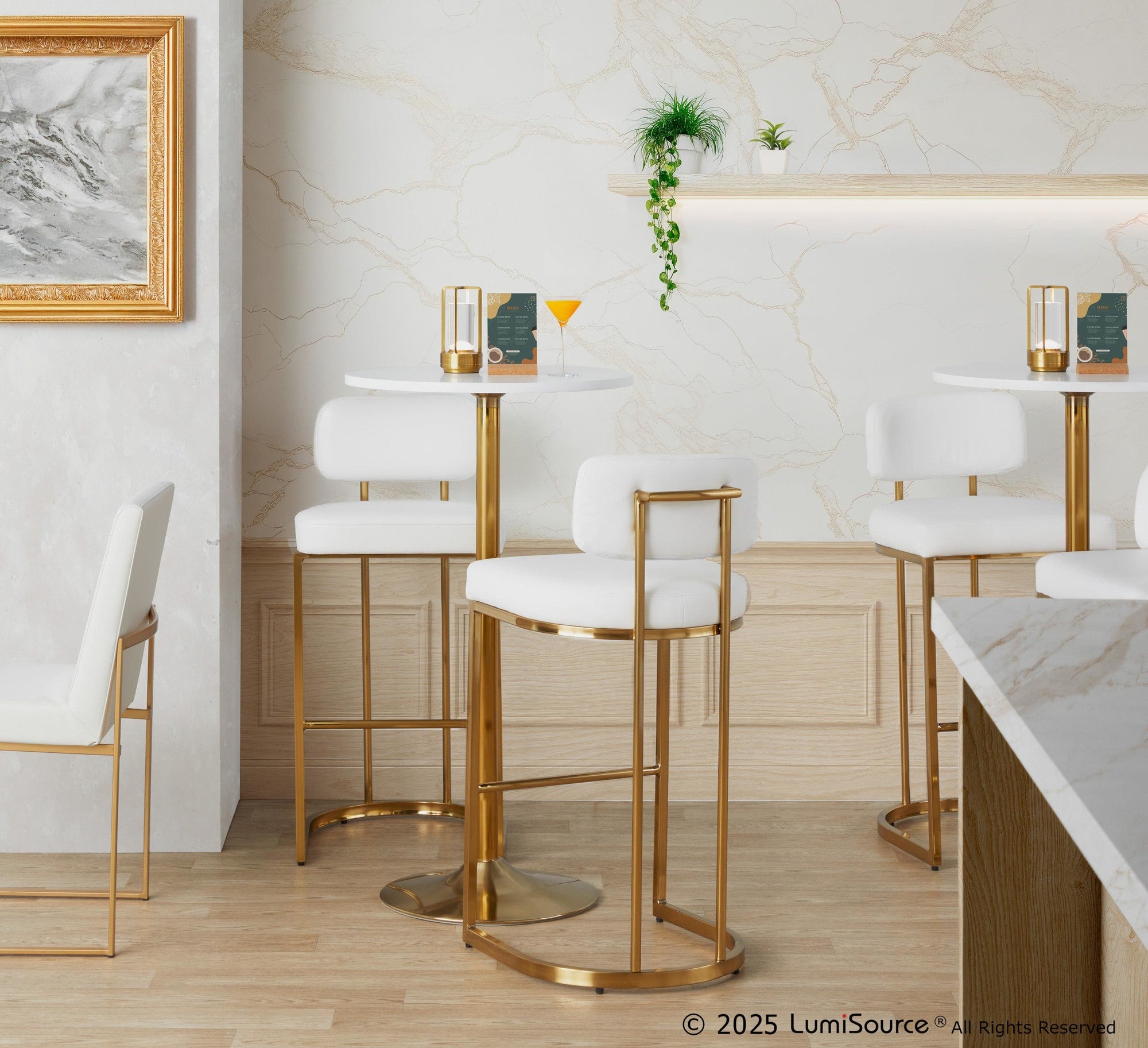 Mid-back Demi 30" Fixed-Height Barstool - Set of 2 - Gold Metal, White PU