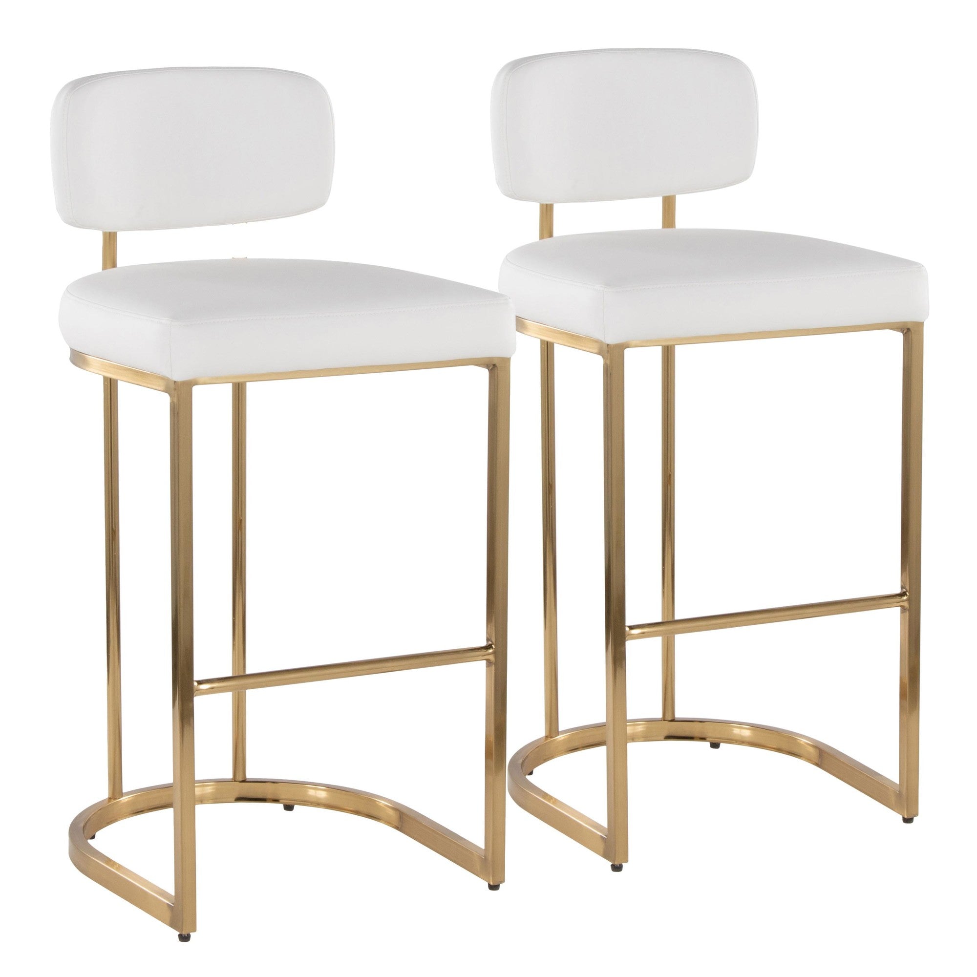 Mid-back Demi 30" Fixed-Height Barstool - Set of 2 - Gold Metal, White PU