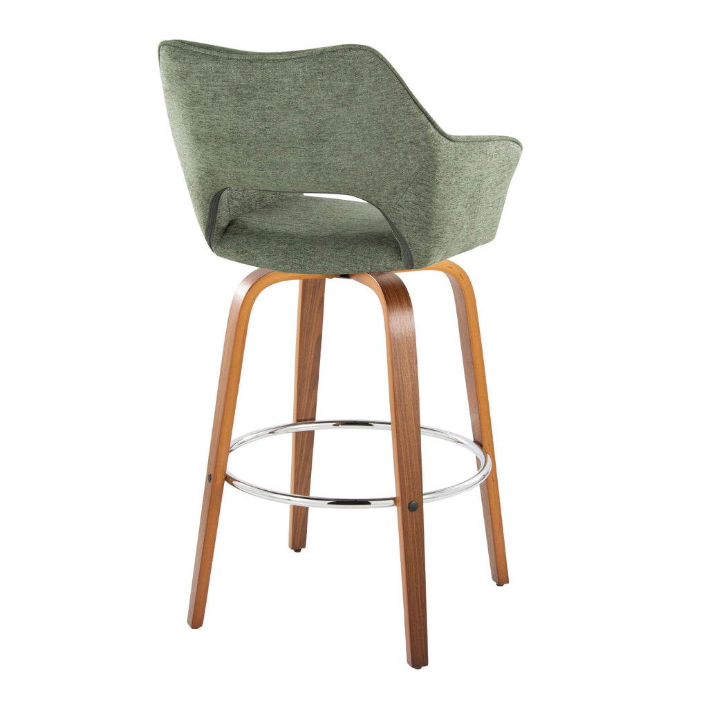 Mustang 30" Fixed-Height Xl Barstool - Set of 2 - Walnut Wood, Green Fabric, Chrome Metal