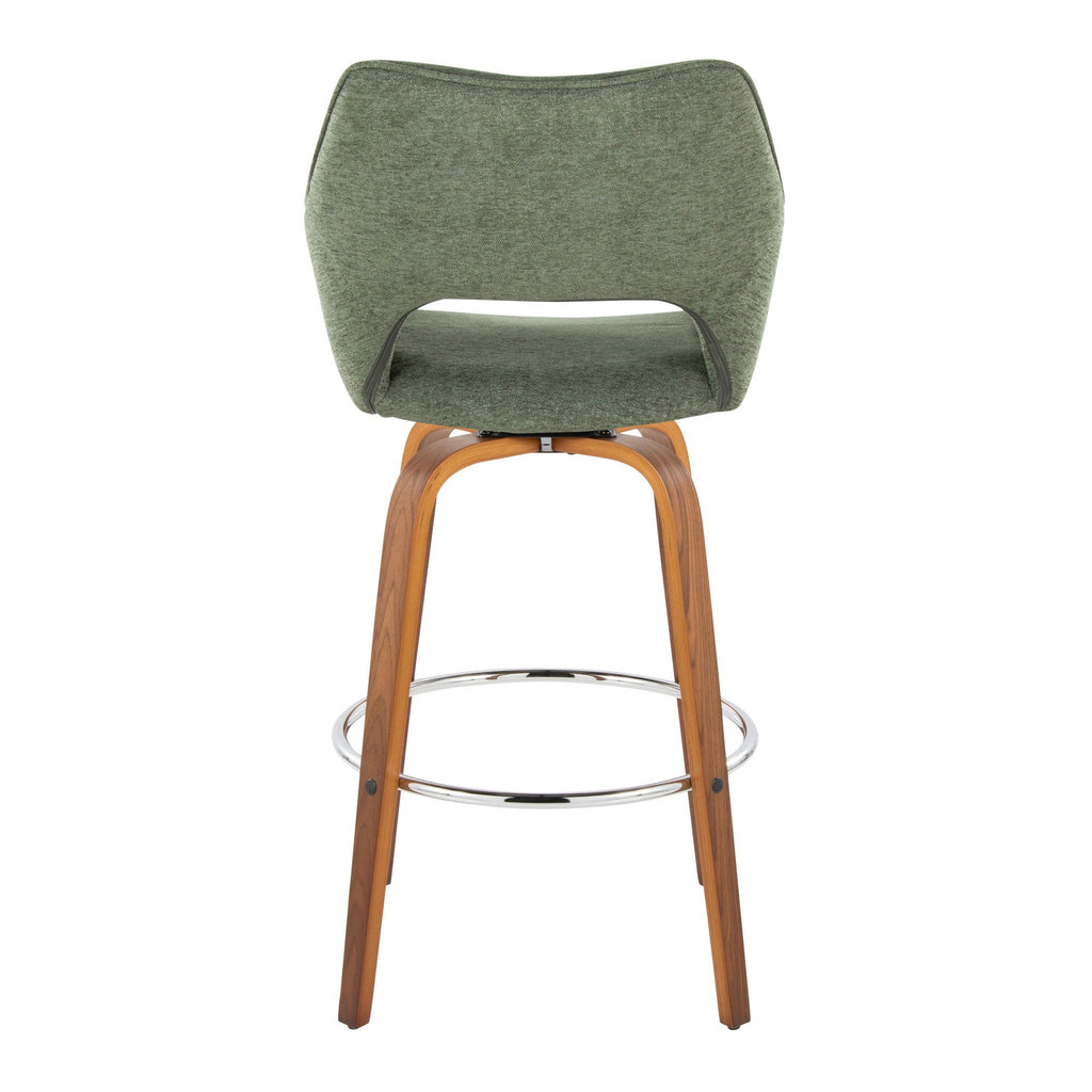 Mustang 30" Fixed-Height Xl Barstool - Set of 2 - Walnut Wood, Green Fabric, Chrome Metal