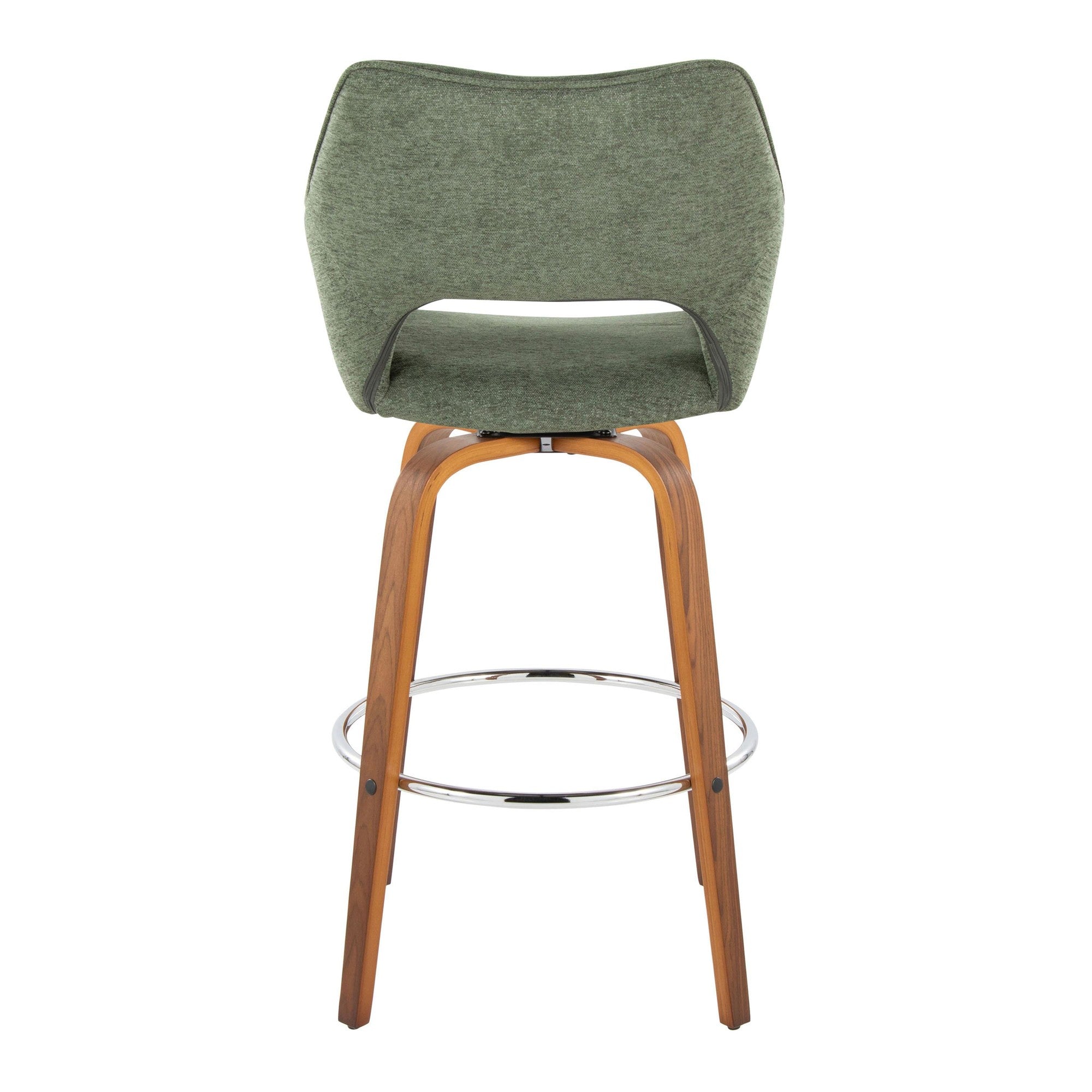 Mustang 30" Fixed-Height Xl Barstool - Set of 2 - Walnut Wood, Green Fabric, Chrome Metal