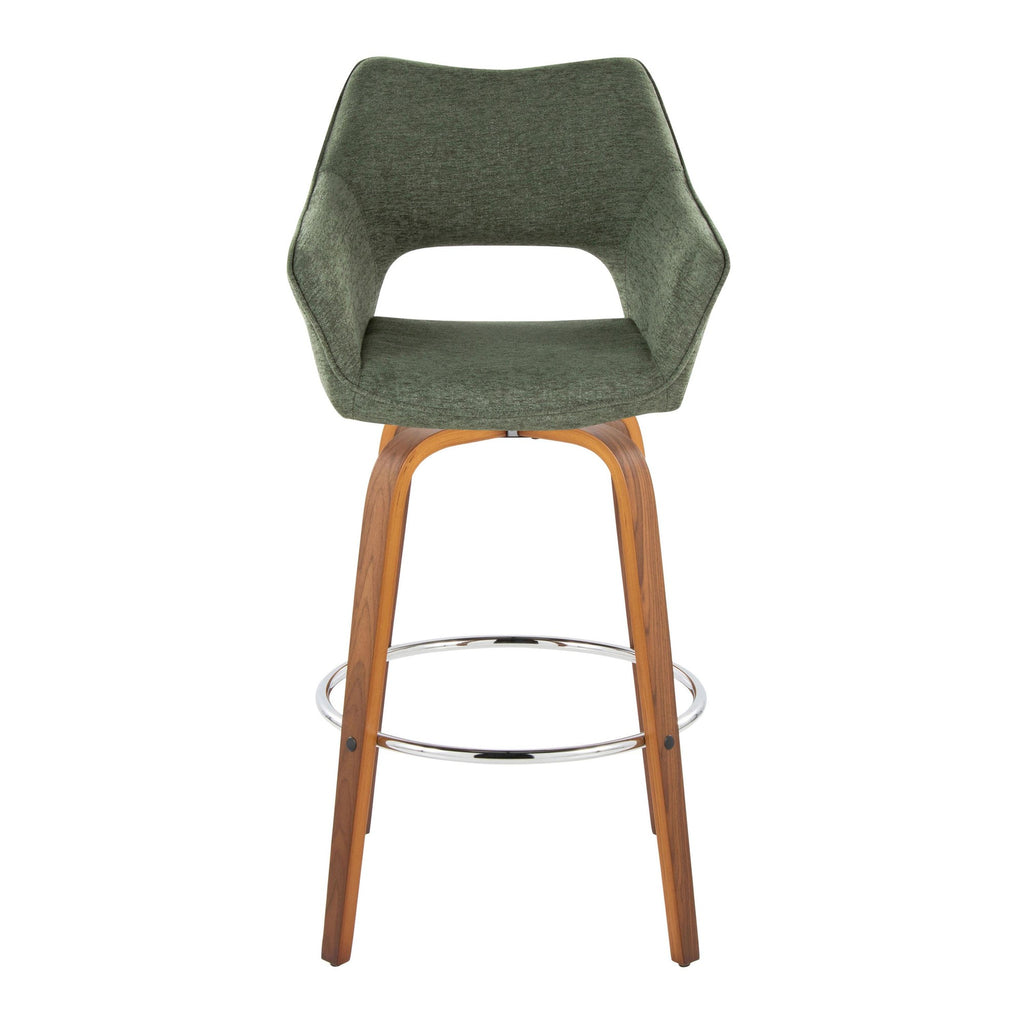 Mustang 30" Fixed-Height Xl Barstool - Set of 2 - Walnut Wood, Green Fabric, Chrome Metal