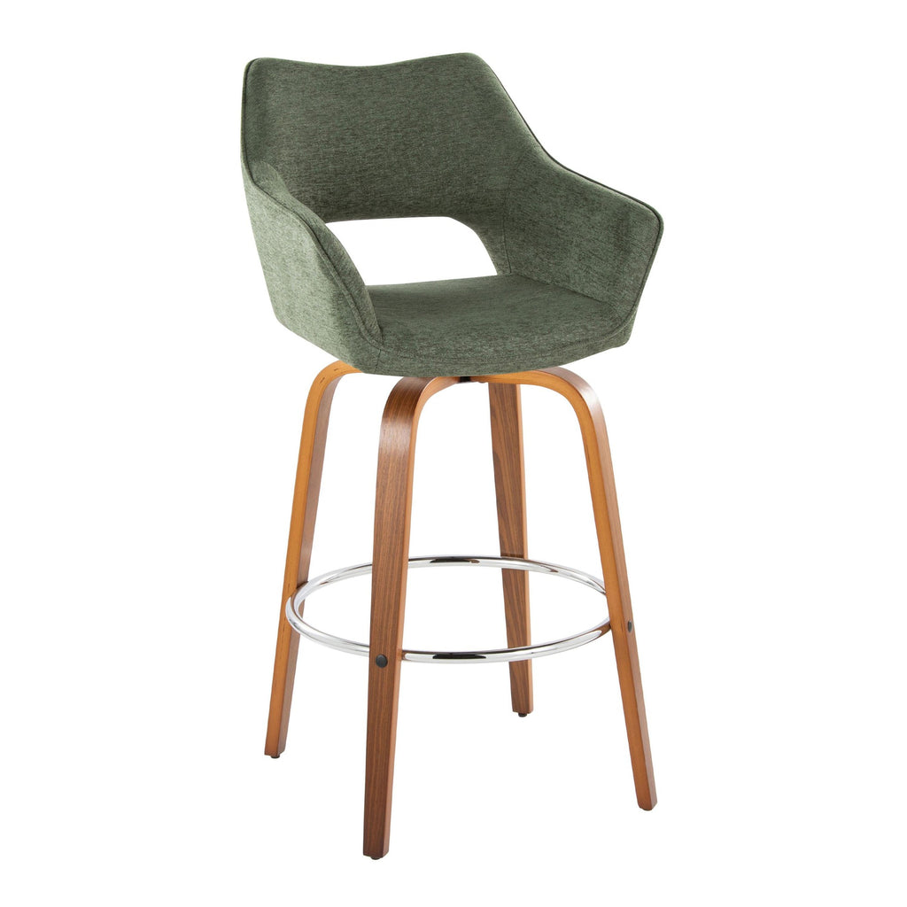 Mustang 30" Fixed-Height Xl Barstool - Set of 2 - Walnut Wood, Green Fabric, Chrome Metal