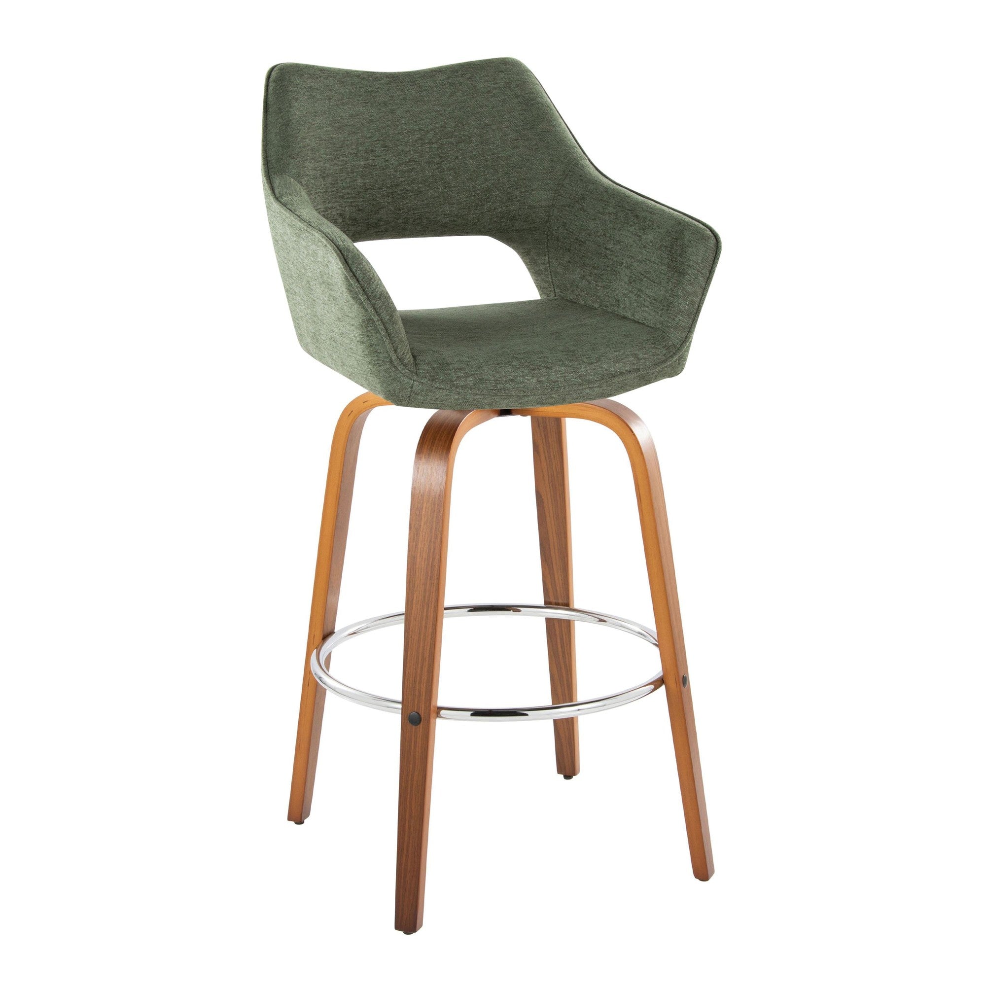 Mustang 30" Fixed-Height Xl Barstool - Set of 2 - Walnut Wood, Green Fabric, Chrome Metal