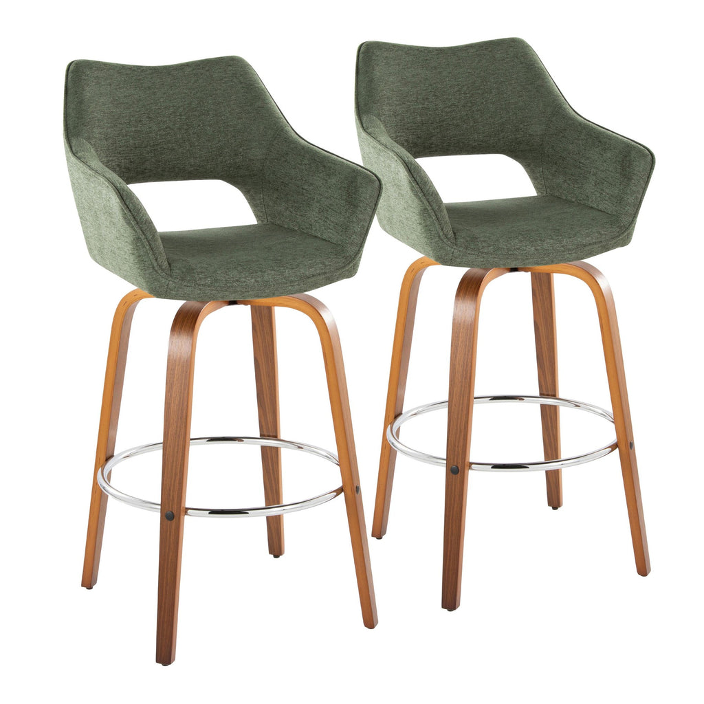 Mustang 30" Fixed-Height Xl Barstool - Set of 2 - Walnut Wood, Green Fabric, Chrome Metal