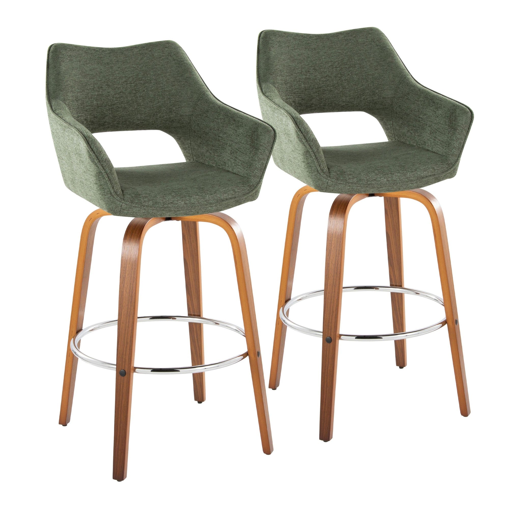 Mustang 30" Fixed-Height Xl Barstool - Set of 2 - Walnut Wood, Green Fabric, Chrome Metal
