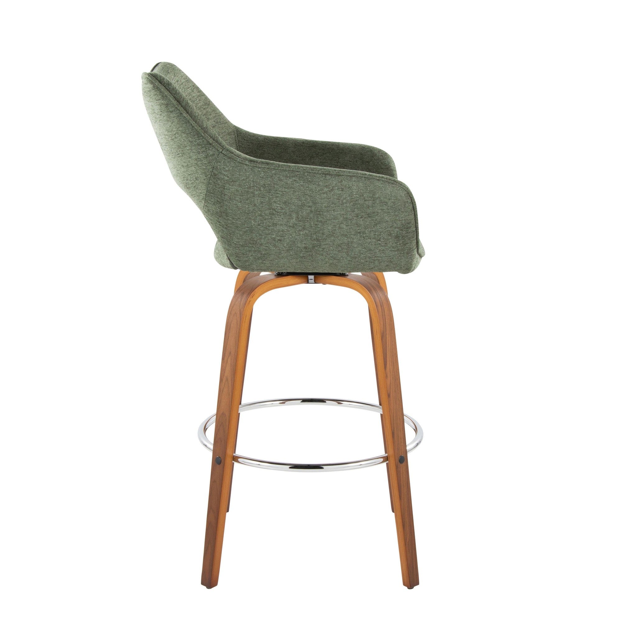 Mustang 30" Fixed-Height Xl Barstool - Set of 2 - Walnut Wood, Green Fabric, Chrome Metal