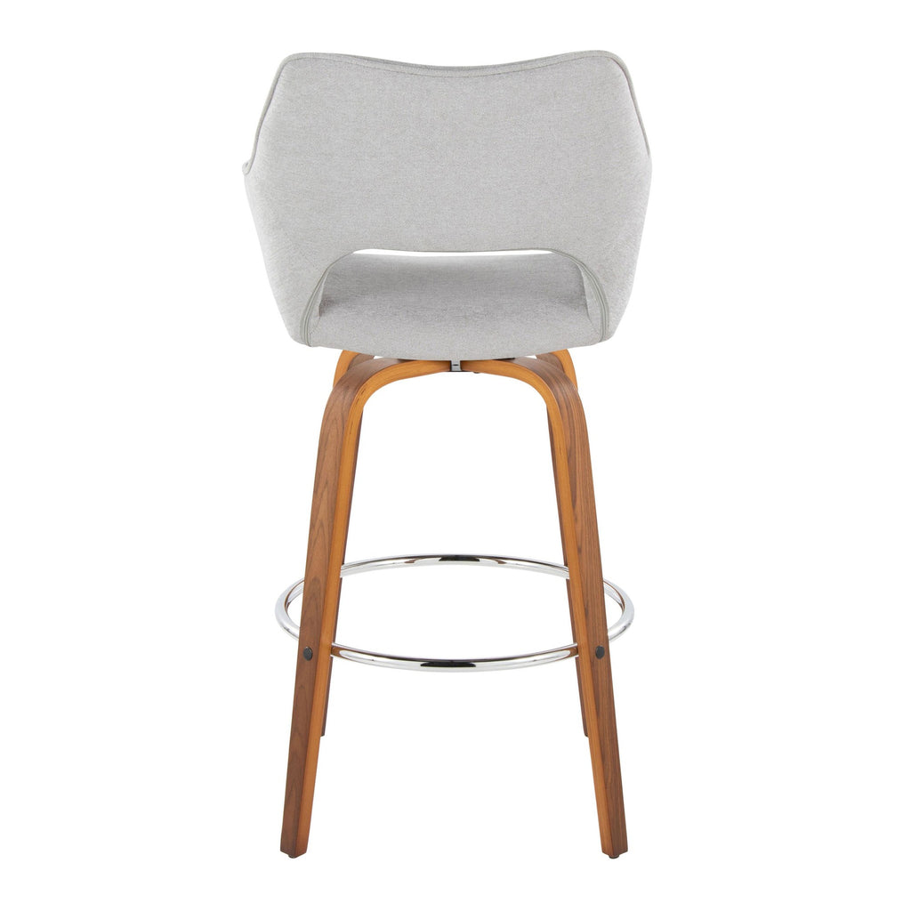 Mustang 30" Fixed-Height Xl Barstool - Set of 2 - Walnut Wood, Grey Fabric, Chrome Metal