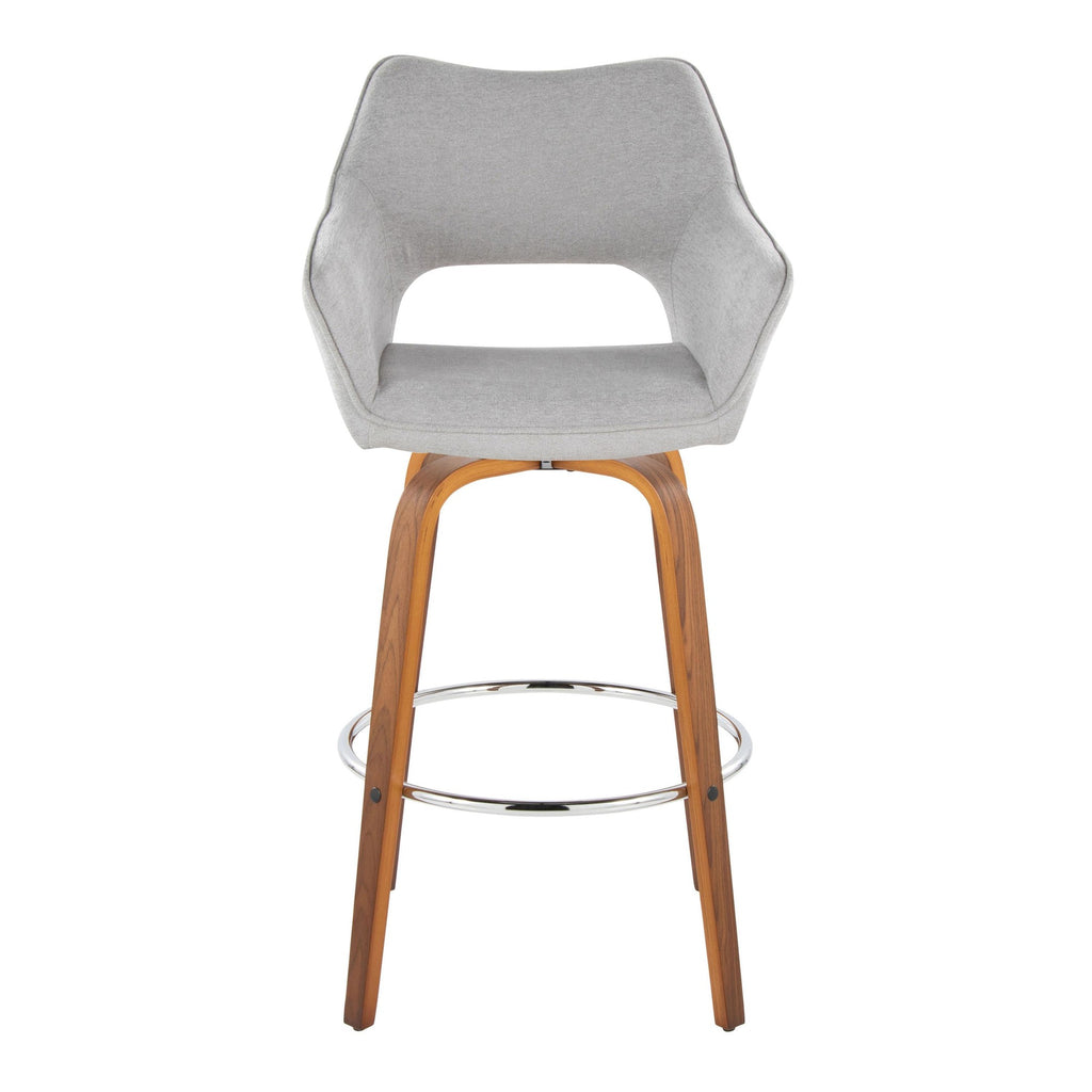 Mustang 30" Fixed-Height Xl Barstool - Set of 2 - Walnut Wood, Grey Fabric, Chrome Metal