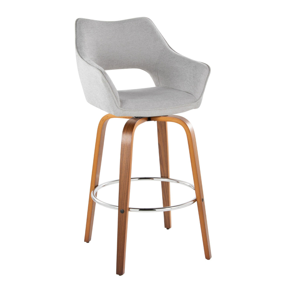 Mustang 30" Fixed-Height Xl Barstool - Set of 2 - Walnut Wood, Grey Fabric, Chrome Metal