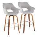 Mustang 30" Fixed-Height Xl Barstool - Set of 2 - Walnut Wood, Grey Fabric, Chrome Metal