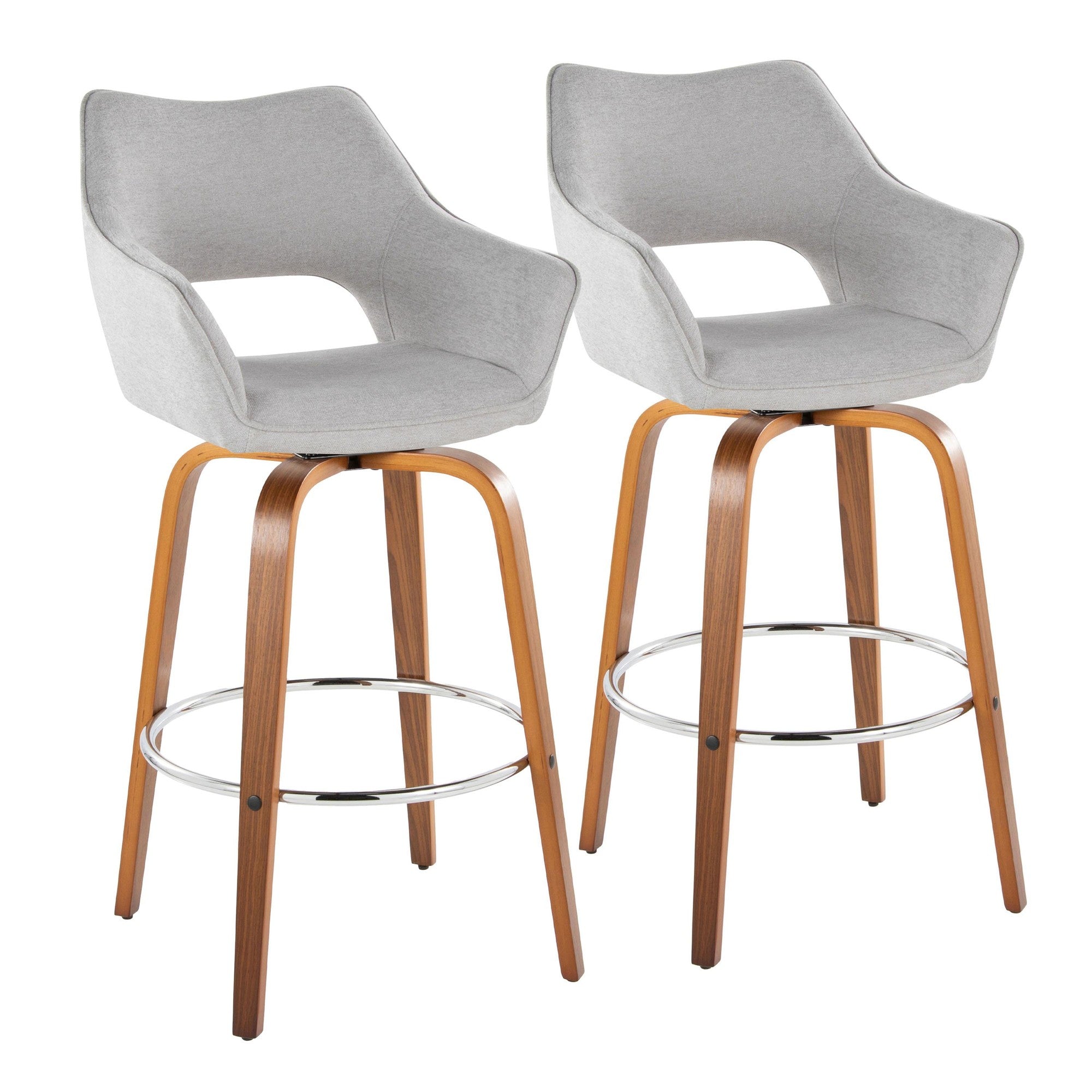 Mustang 30" Fixed-Height Xl Barstool - Set of 2 - Walnut Wood, Grey Fabric, Chrome Metal