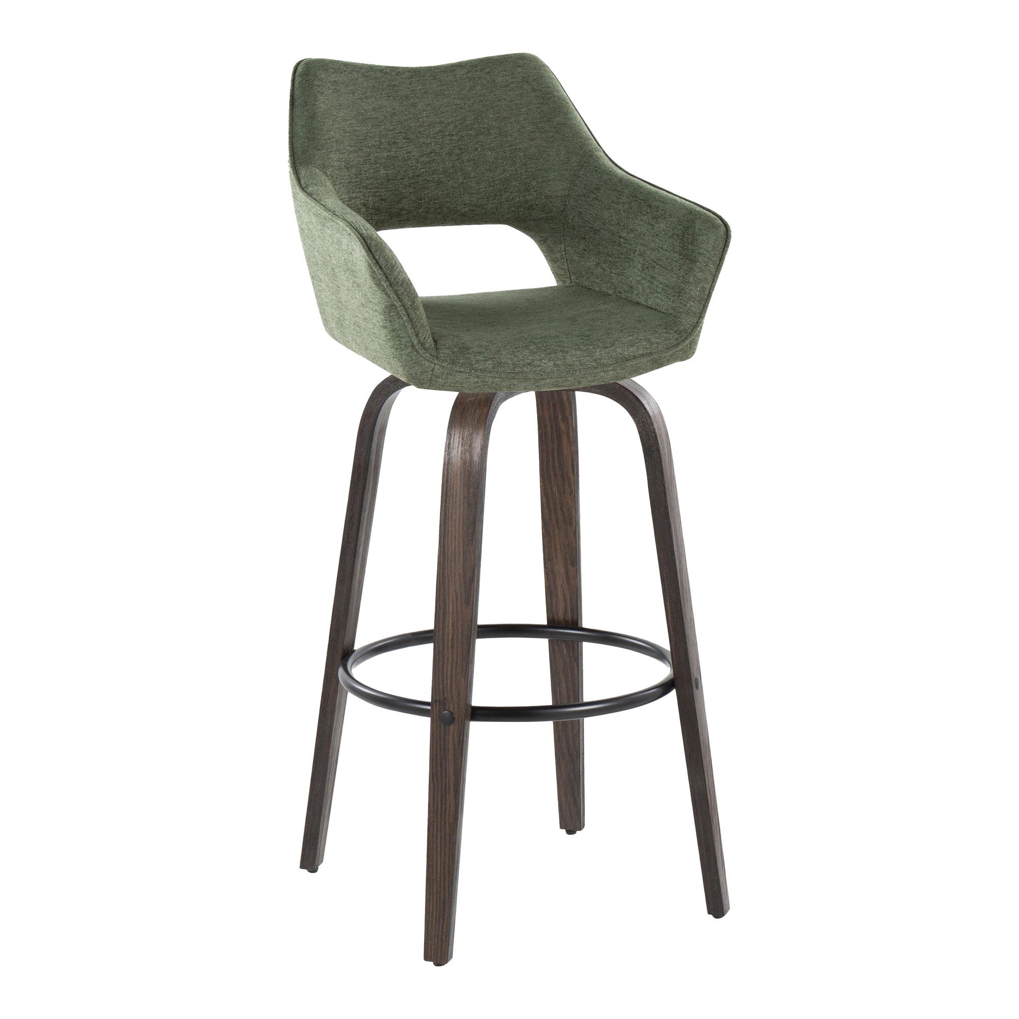 Mustang 30" Fixed-Height Barstool - Set of 2 - Walnut Glazed Wood, Green Fabric, Black Metal