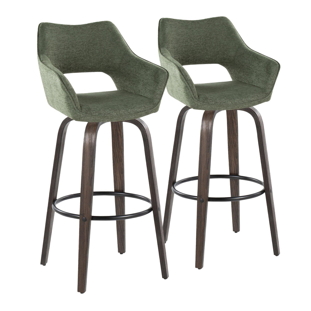 Mustang 30" Fixed-Height Barstool - Set of 2 - Walnut Glazed Wood, Green Fabric, Black Metal