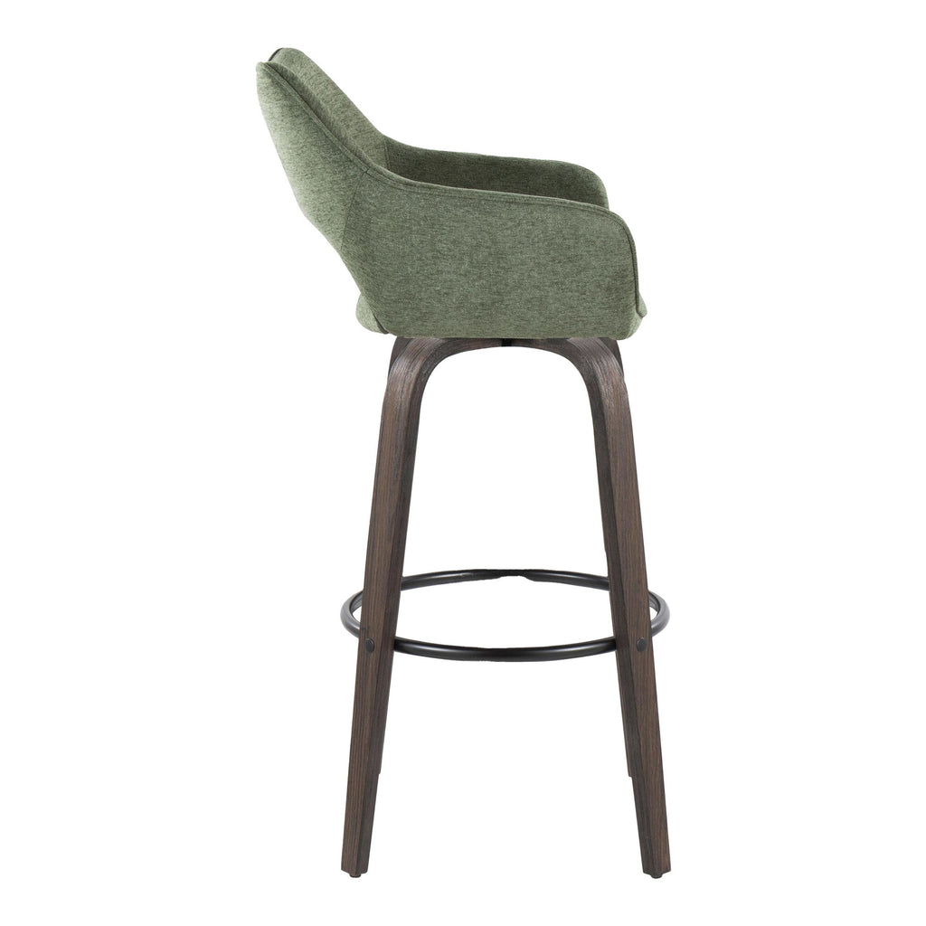 Mustang 30" Fixed-Height Barstool - Set of 2 - Walnut Glazed Wood, Green Fabric, Black Metal