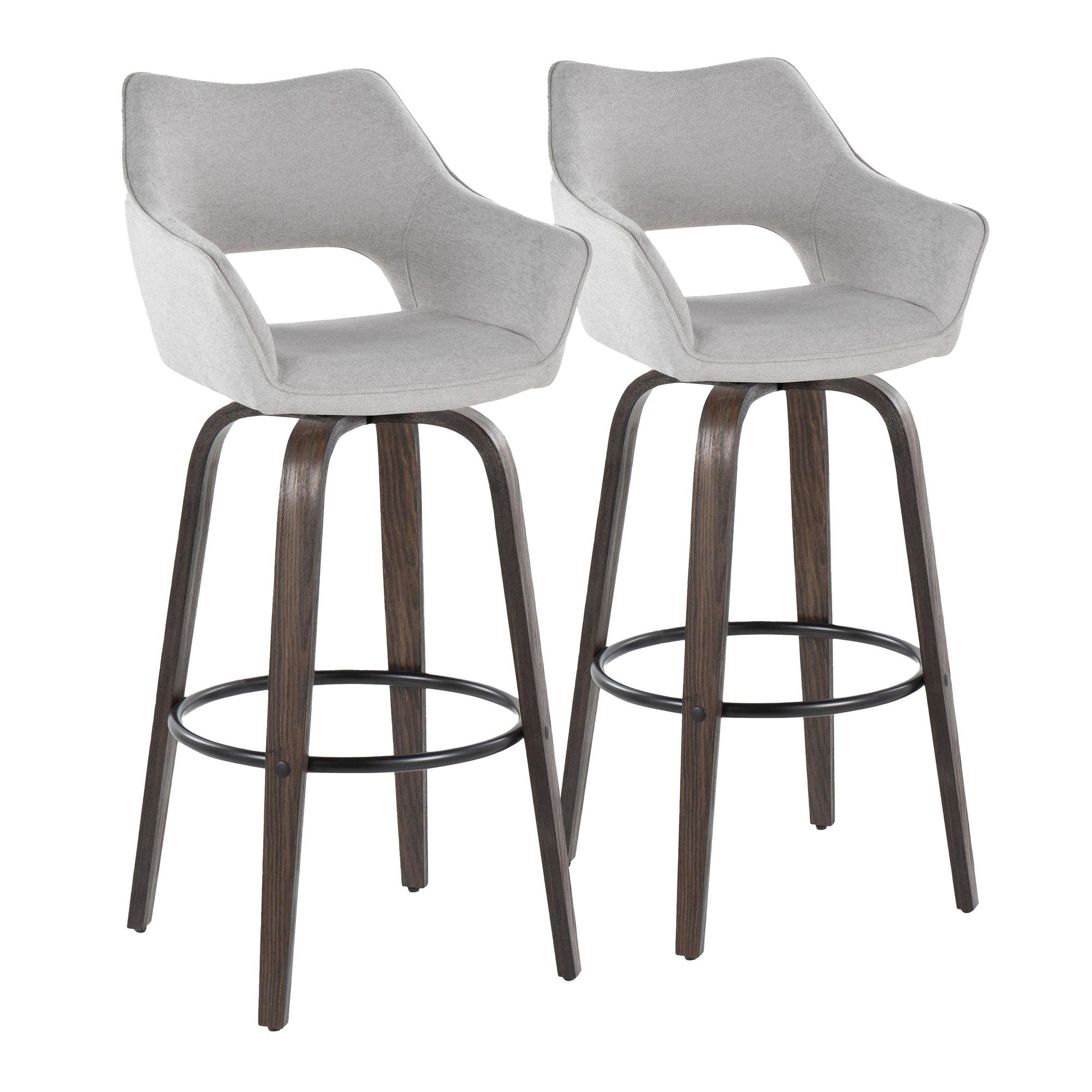 Mustang 30" Fixed-Height Barstool - Set of 2 - Walnut Glazed Wood, Grey Fabric, Black Metal