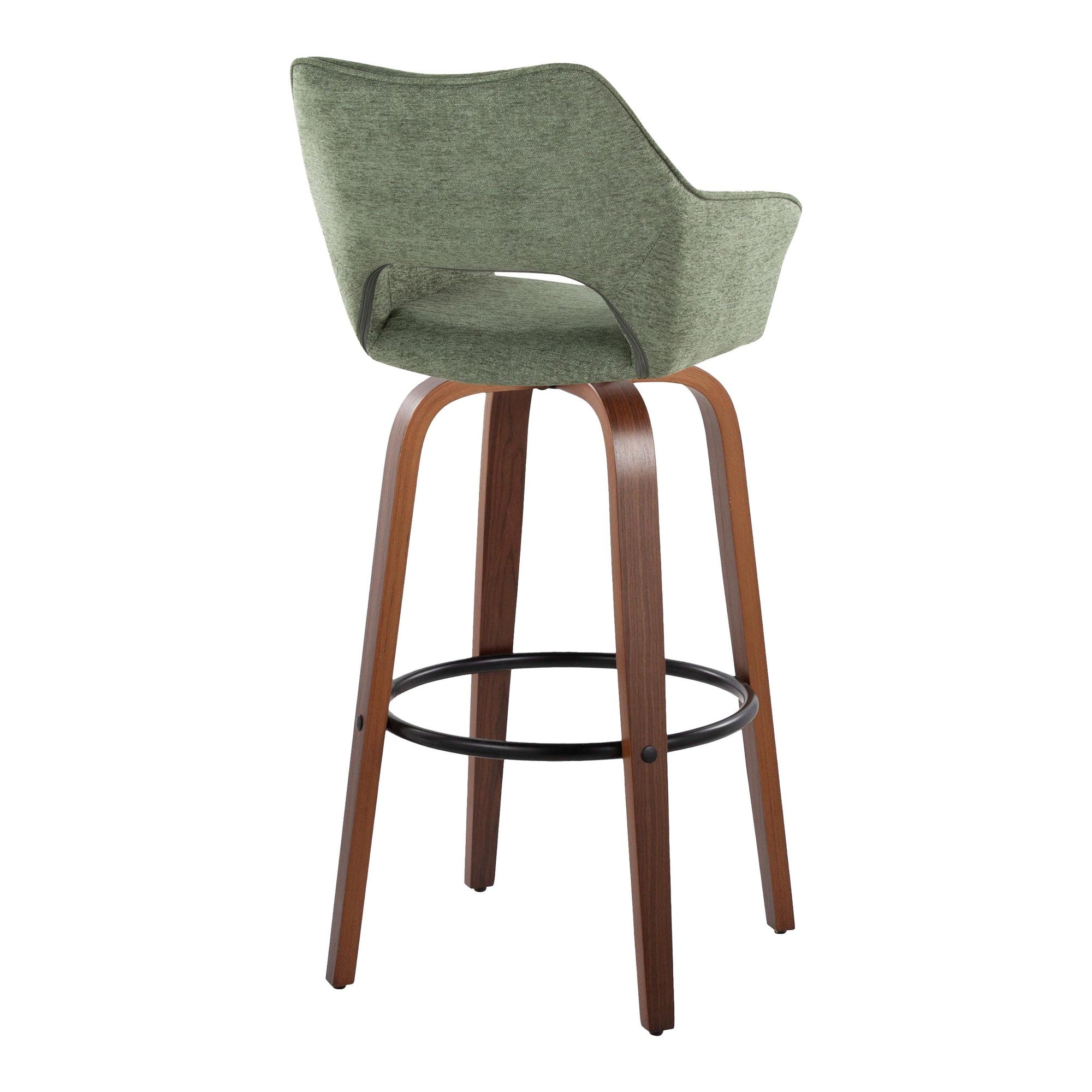 Mustang 30" Fixed-Height Barstool - Set of 2 - Walnut Wood, Green Fabric, Black Metal