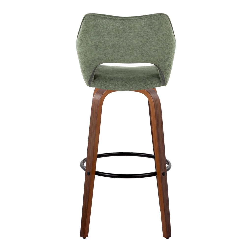 Mustang 30" Fixed-Height Barstool - Set of 2 - Walnut Wood, Green Fabric, Black Metal