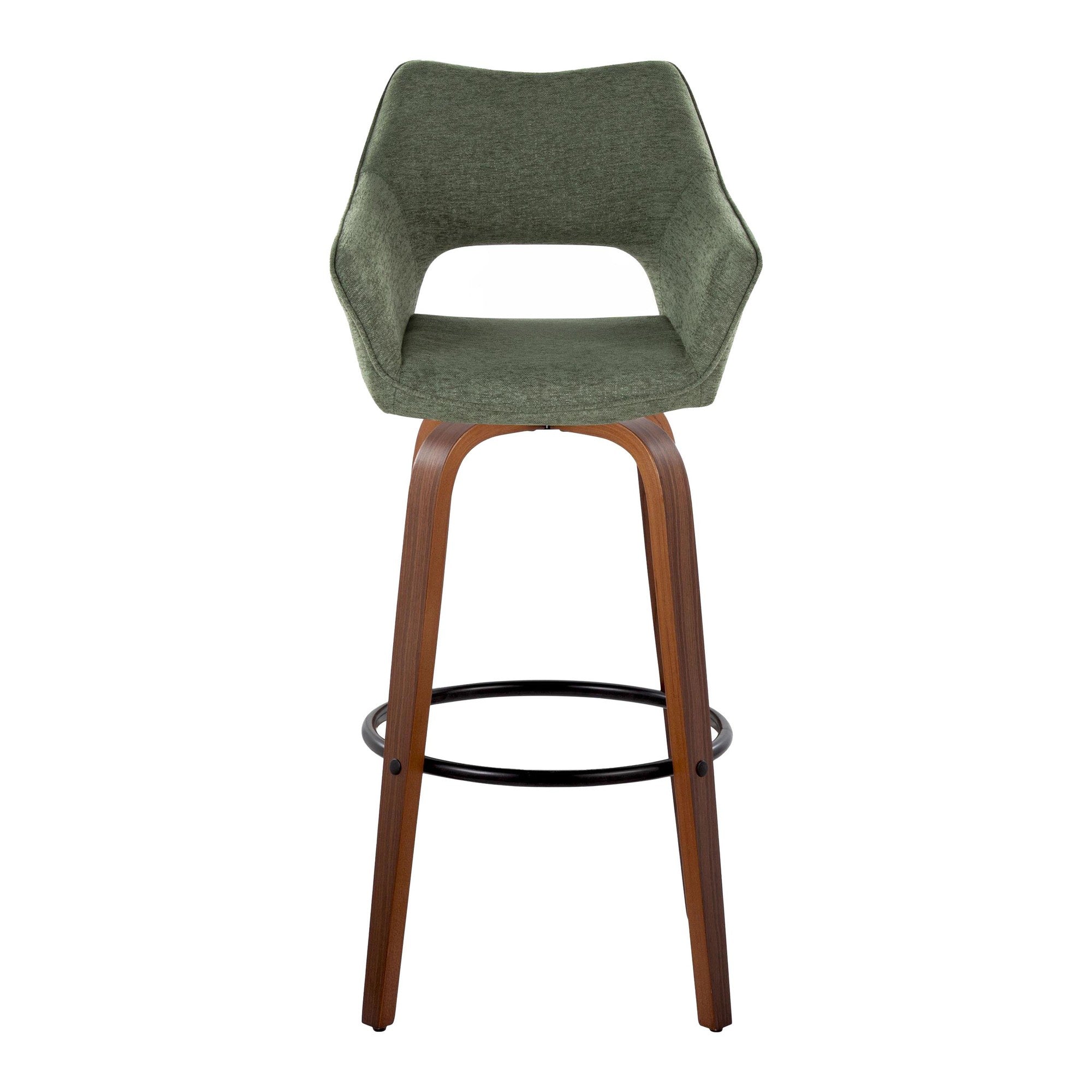 Mustang 30" Fixed-Height Barstool - Set of 2 - Walnut Wood, Green Fabric, Black Metal