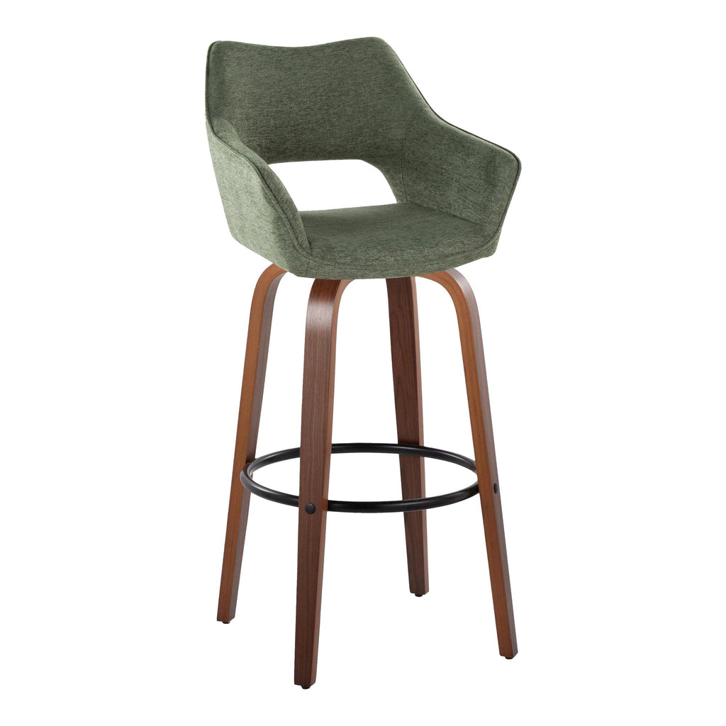 Mustang 30" Fixed-Height Barstool - Set of 2 - Walnut Wood, Green Fabric, Black Metal