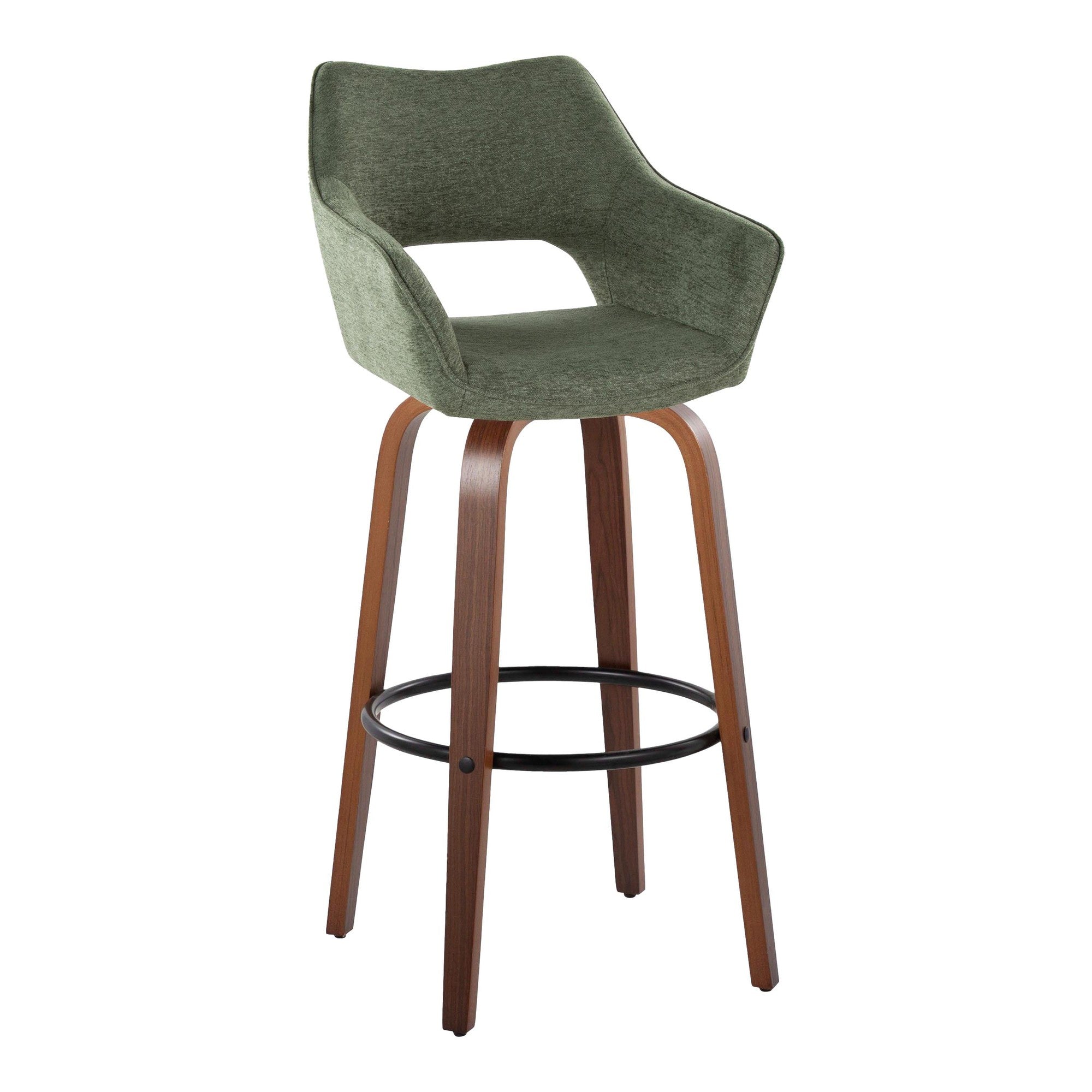 Mustang 30" Fixed-Height Barstool - Set of 2 - Walnut Wood, Green Fabric, Black Metal