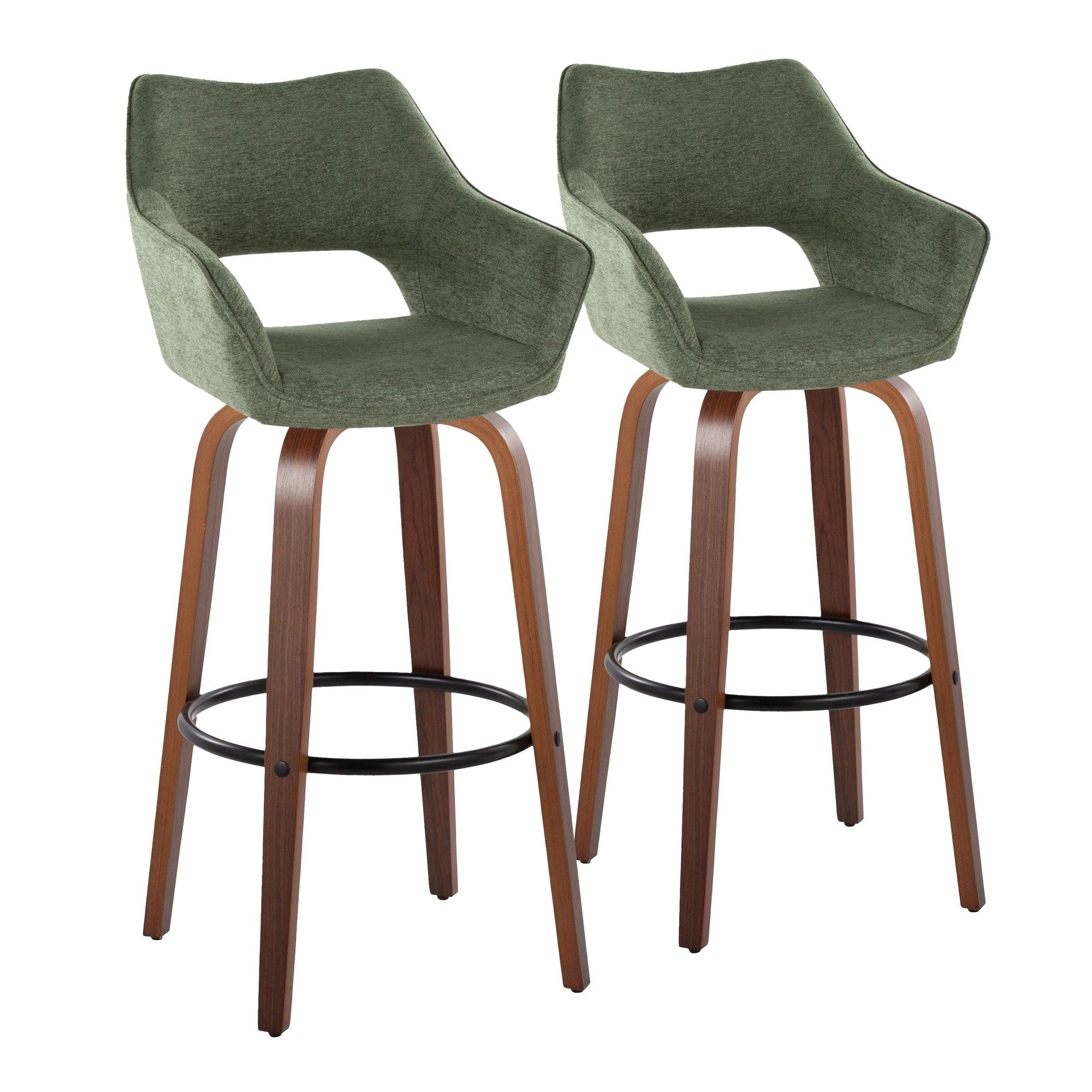 Mustang 30" Fixed-Height Barstool - Set of 2 - Walnut Wood, Green Fabric, Black Metal