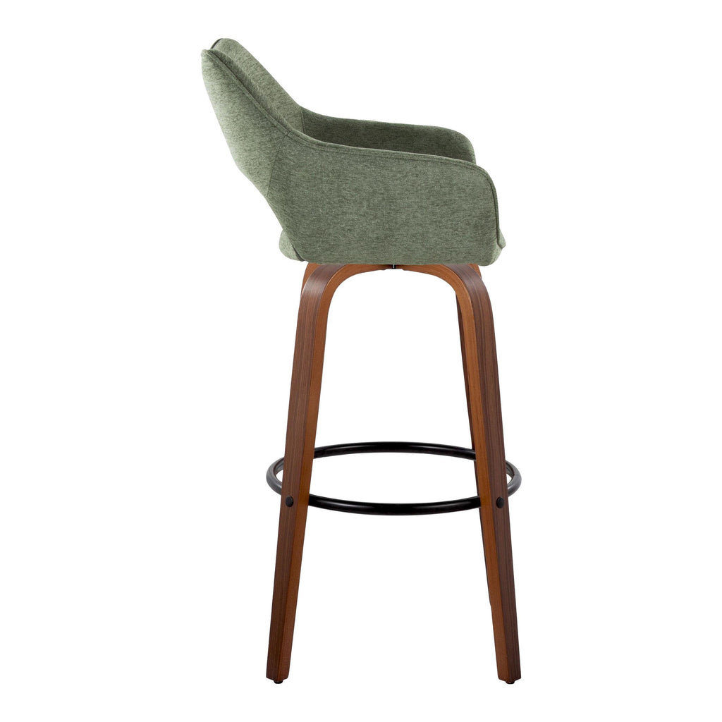 Mustang 30" Fixed-Height Barstool - Set of 2 - Walnut Wood, Green Fabric, Black Metal