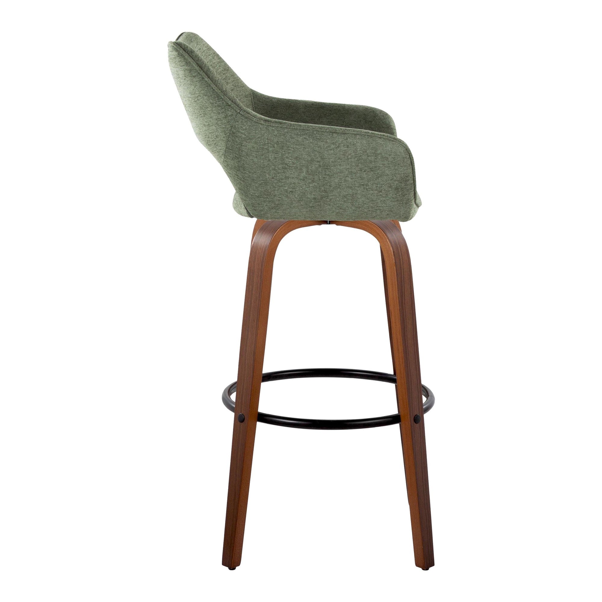 Mustang 30" Fixed-Height Barstool - Set of 2 - Walnut Wood, Green Fabric, Black Metal