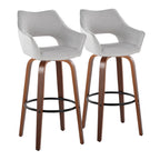 Mustang 30" Fixed-Height Barstool - Set of 2 - Walnut Wood, Grey Fabric, Black Metal