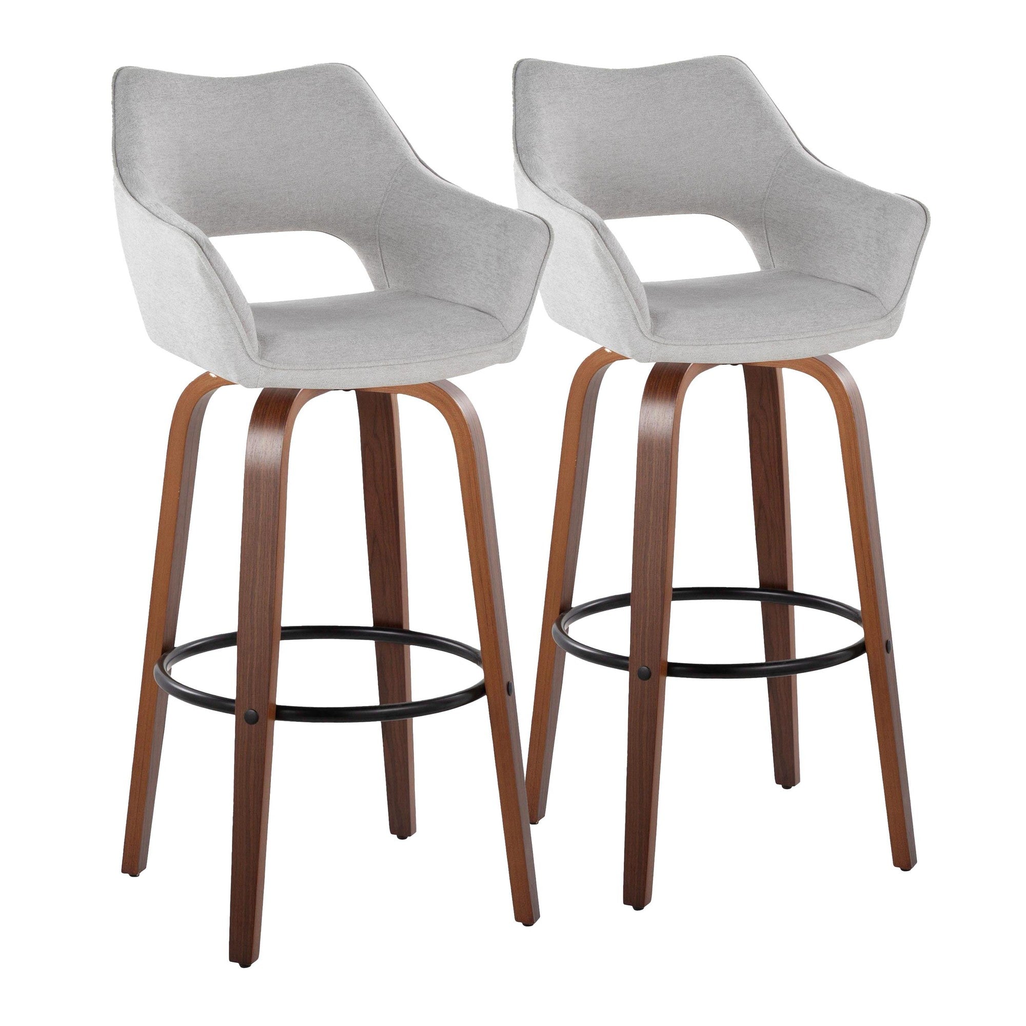 Mustang 30" Fixed-Height Barstool - Set of 2 - Walnut Wood, Grey Fabric, Black Metal