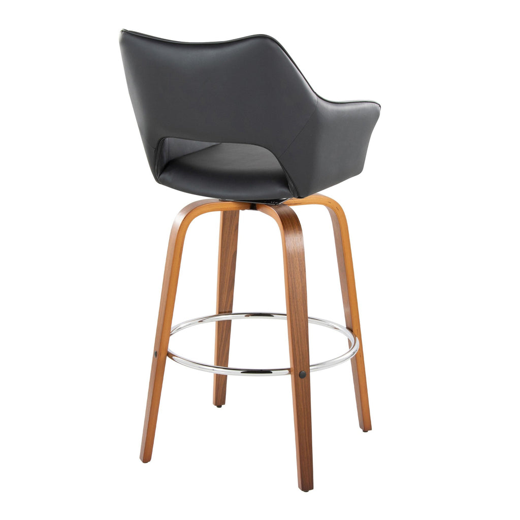 Mustang 30" Fixed-Height Xl Barstool - Set of 2 - Walnut Wood, Black PU, Chrome Metal