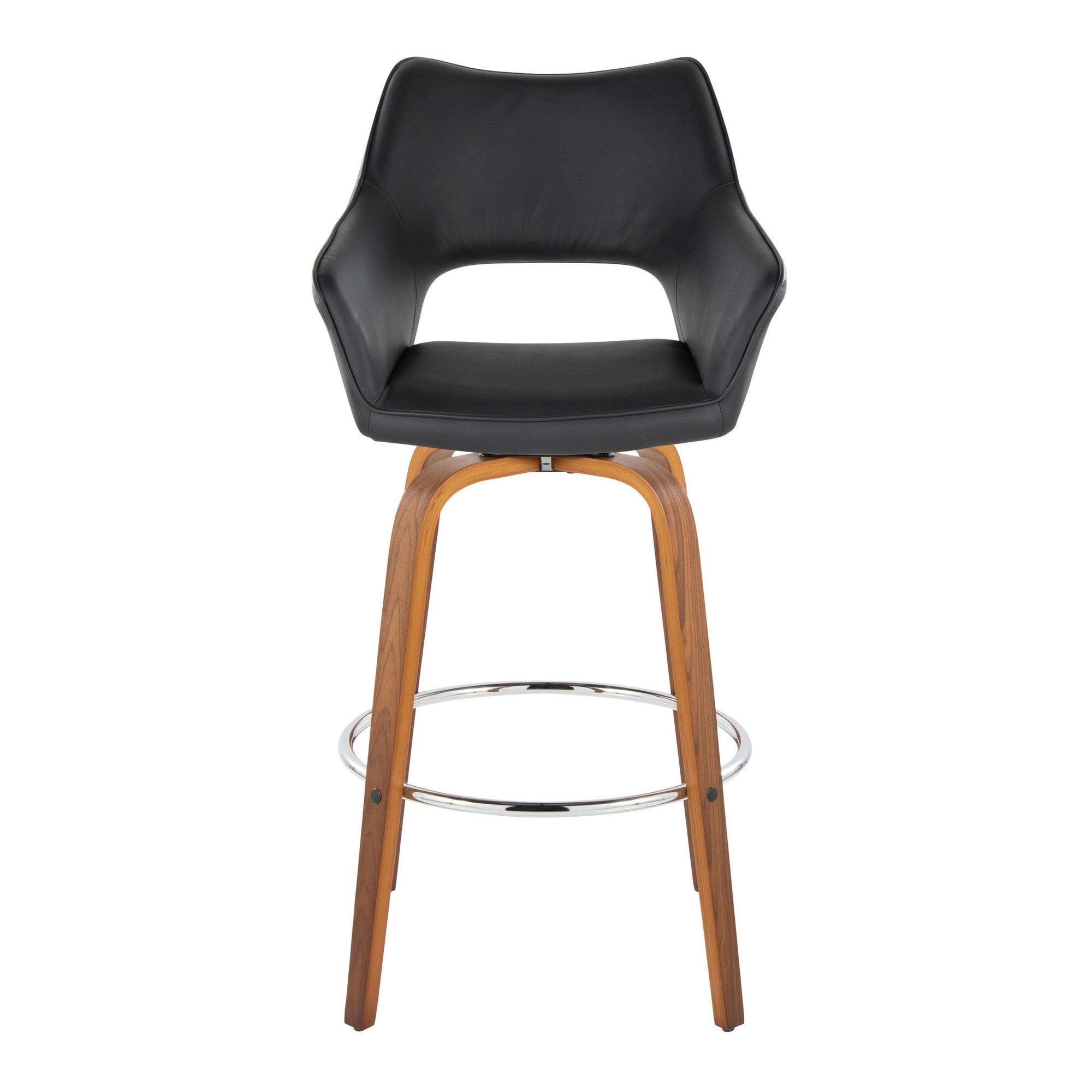 Mustang 30" Fixed-Height Xl Barstool - Set of 2 - Walnut Wood, Black PU, Chrome Metal