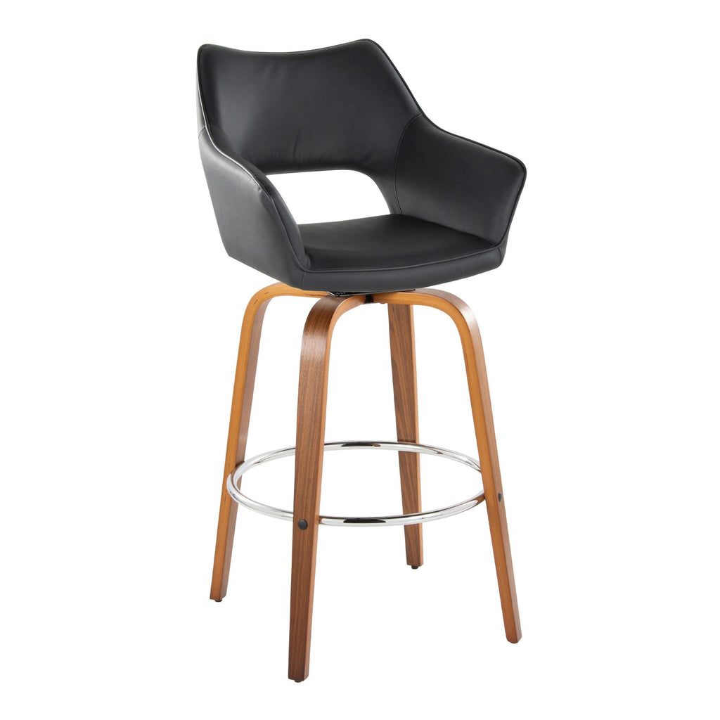 Mustang 30" Fixed-Height Xl Barstool - Set of 2 - Walnut Wood, Black PU, Chrome Metal