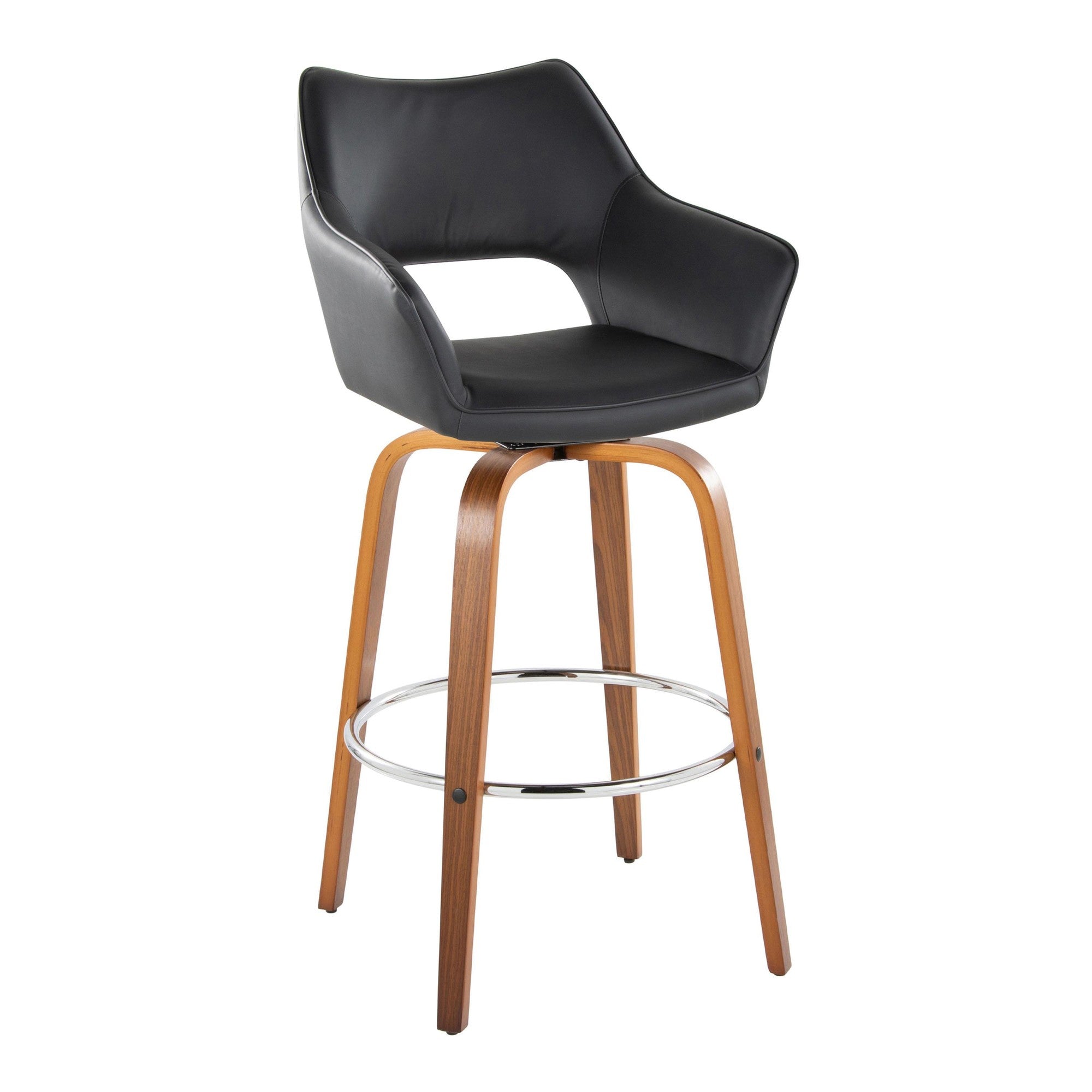 Mustang 30" Fixed-Height Xl Barstool - Set of 2 - Walnut Wood, Black PU, Chrome Metal