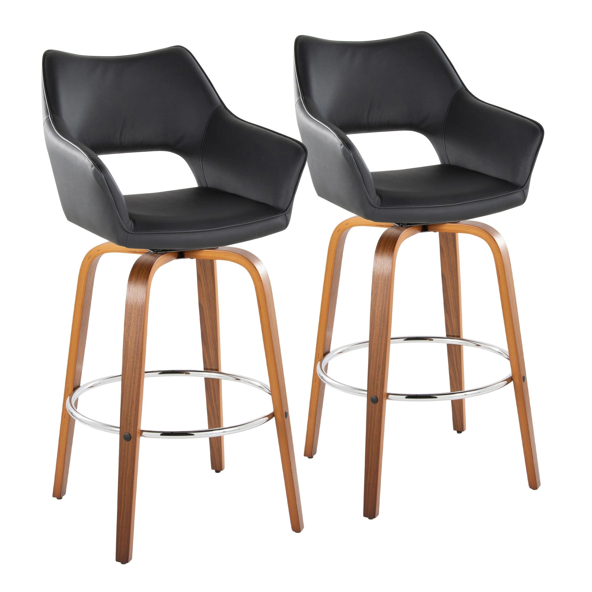 Mustang 30" Fixed-Height Xl Barstool - Set of 2 - Walnut Wood, Black PU, Chrome Metal