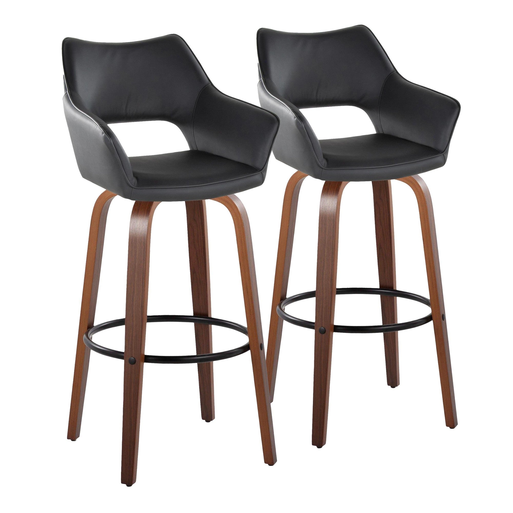 Mustang 30" Fixed-Height Barstool - Set of 2 - Walnut Wood, Black PU, Black Metal