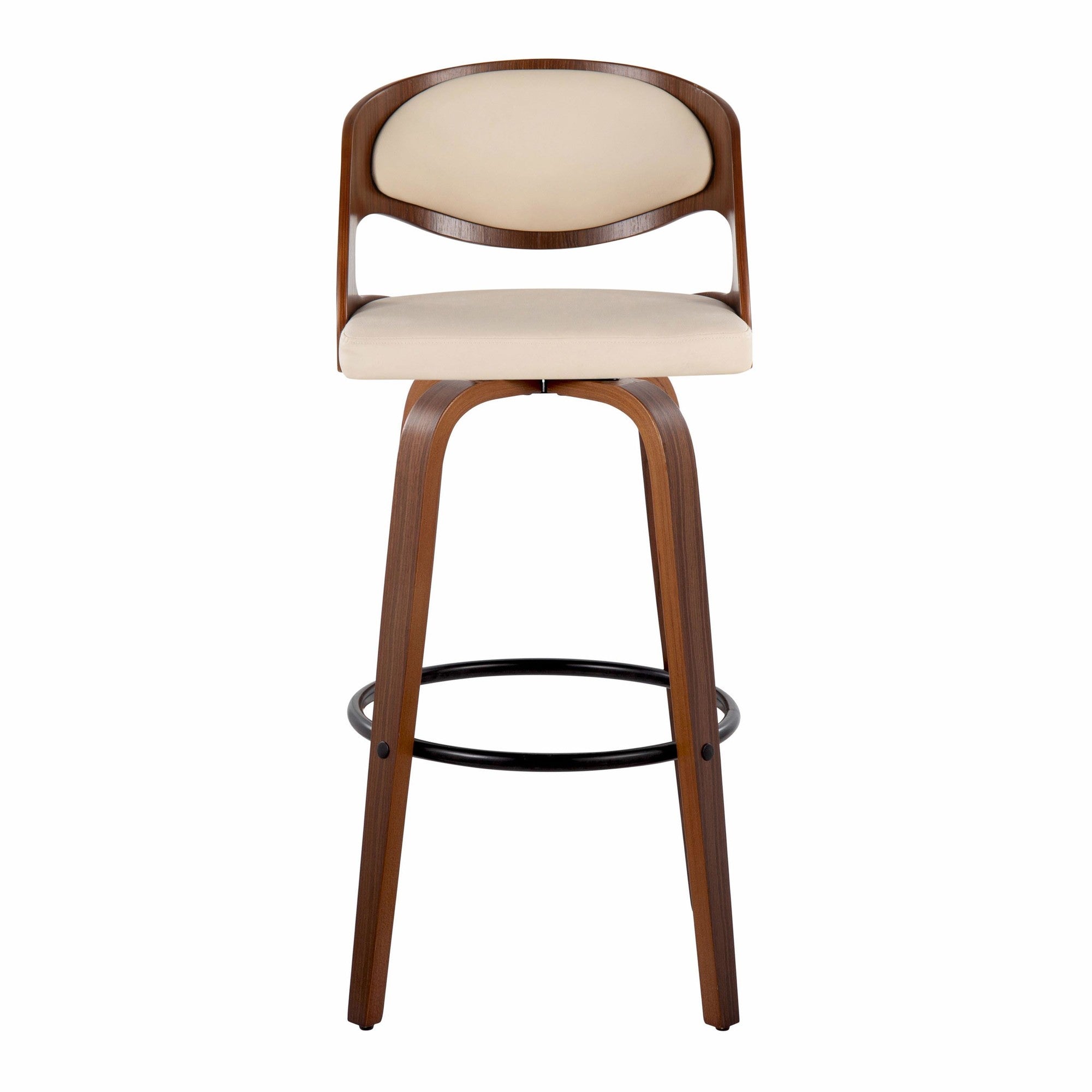 Pino 30" Fixed-Height Barstool - Set of 2 - Walnut Wood, Cream PU, Black Metal