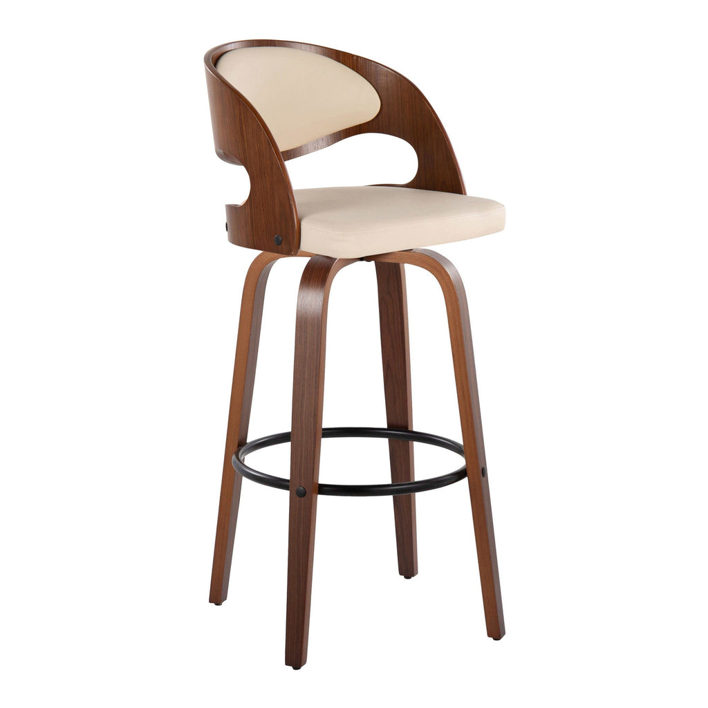 Pino 30" Fixed-Height Barstool - Set of 2 - Walnut Wood, Cream PU, Black Metal