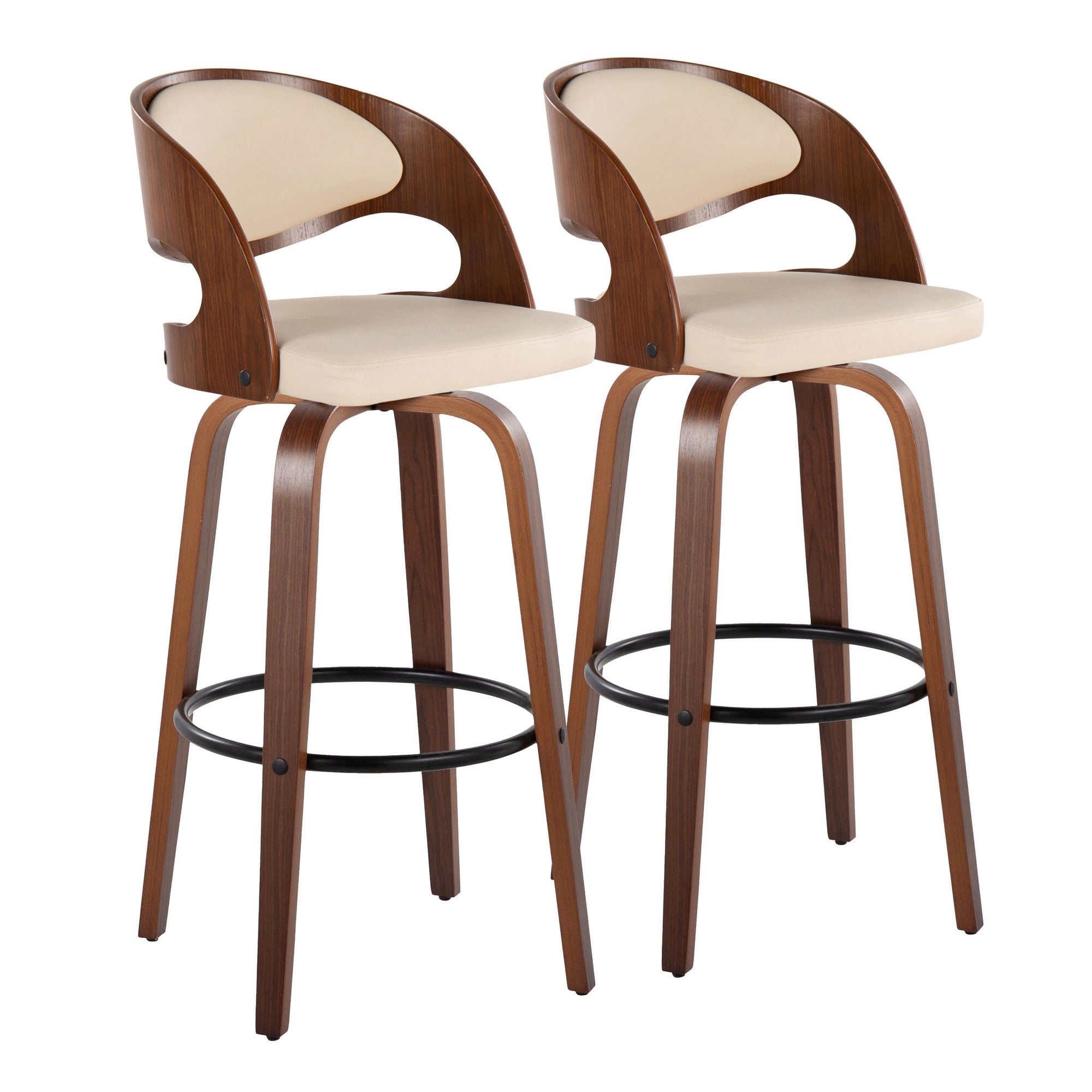 Pino 30" Fixed-Height Barstool - Set of 2 - Walnut Wood, Cream PU, Black Metal