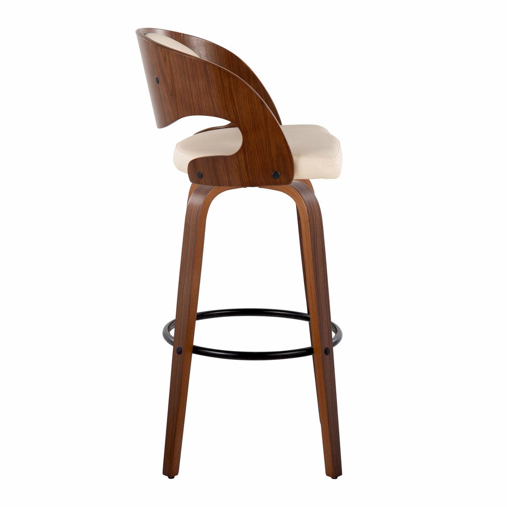 Pino 30" Fixed-Height Barstool - Set of 2 - Walnut Wood, Cream PU, Black Metal